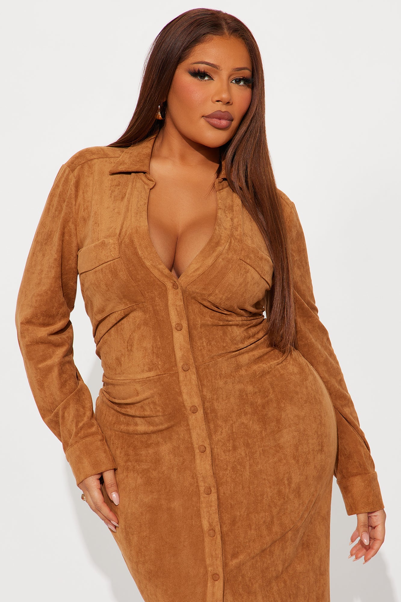 Noelle Suede Maxi Shirt Dress - Cognac