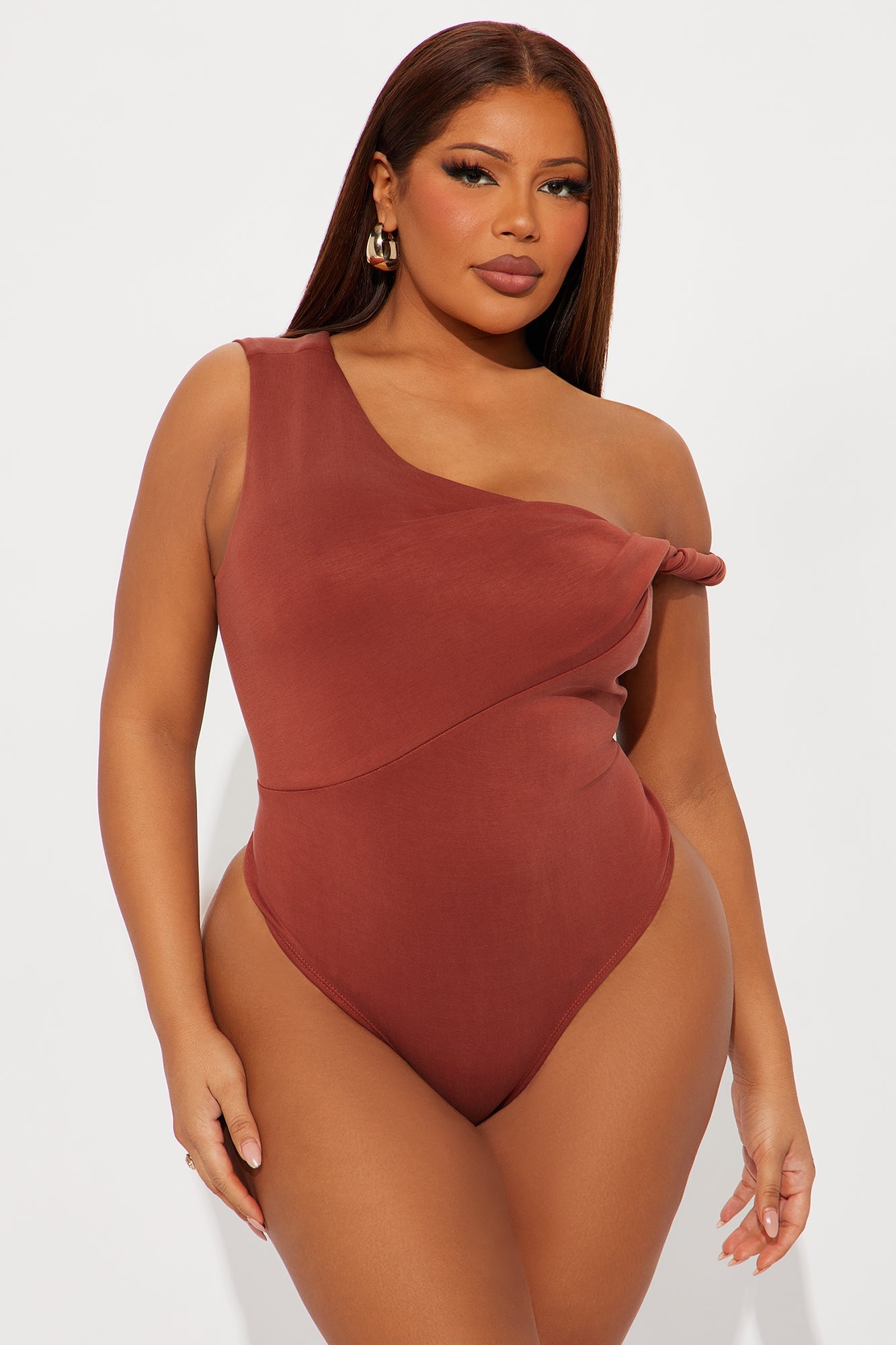 Midnight Views Twist Off Shoulder Bodysuit - Camel