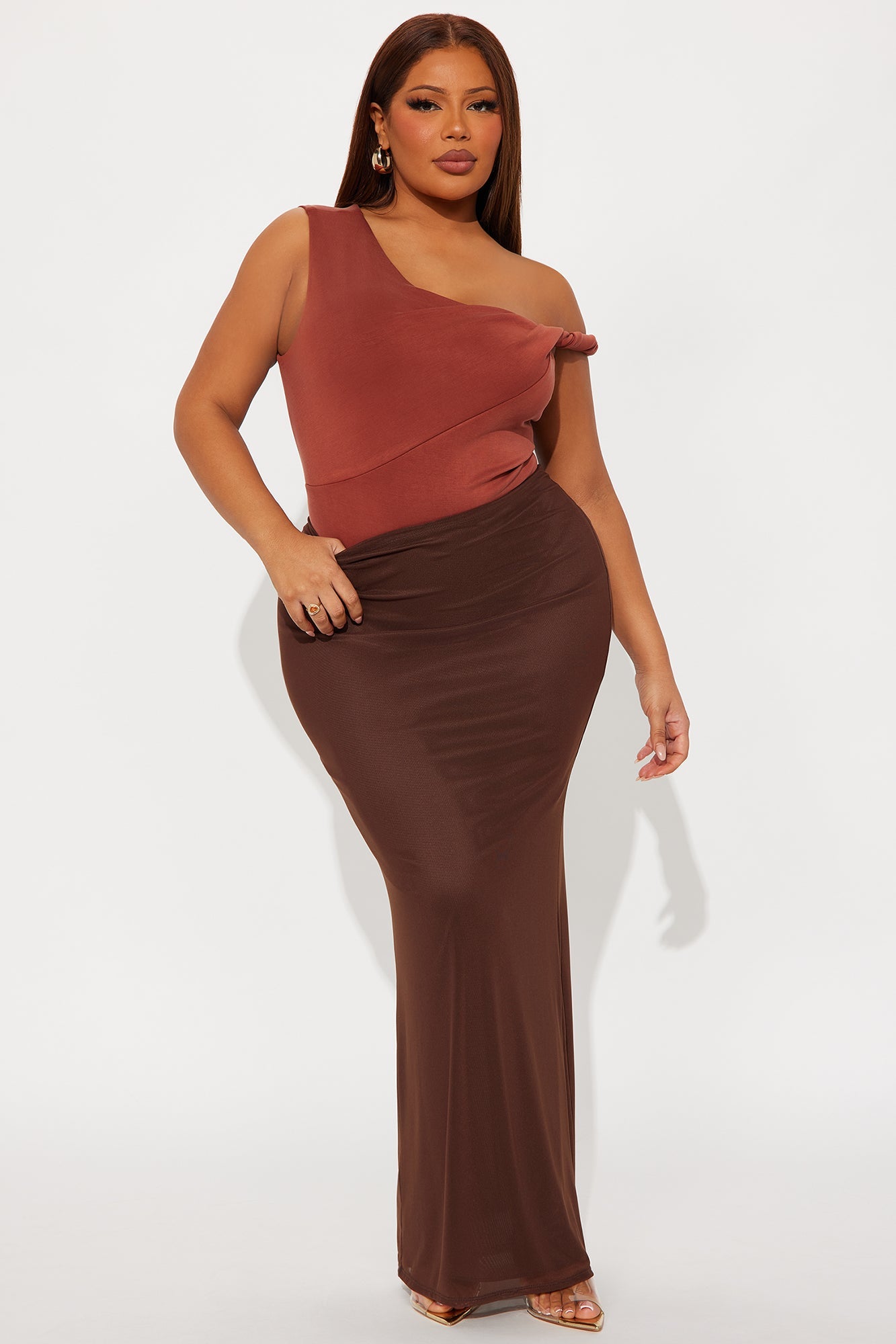 Midnight Views Twist Off Shoulder Bodysuit - Camel