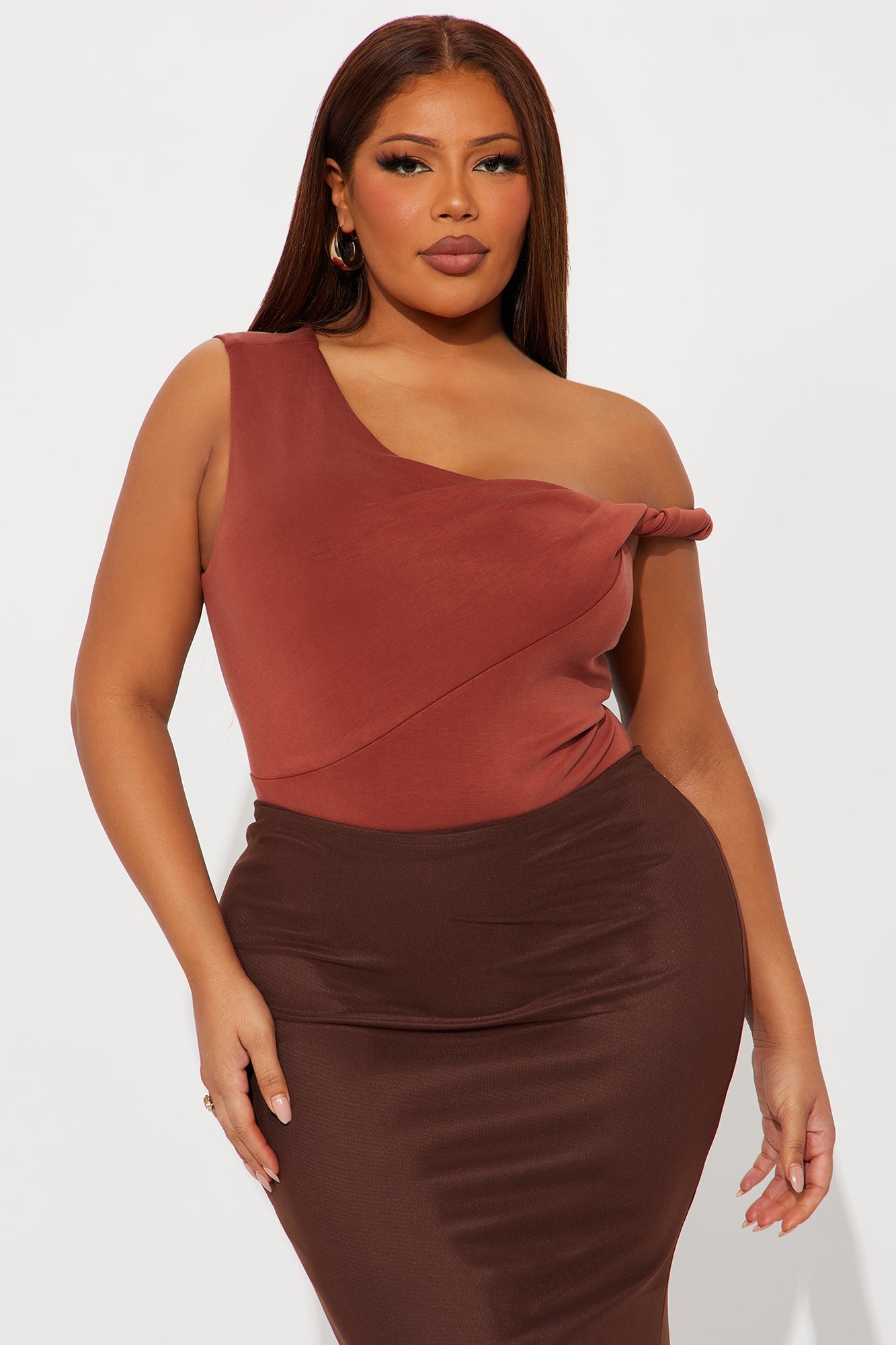 Midnight Views Twist Off Shoulder Bodysuit - Camel