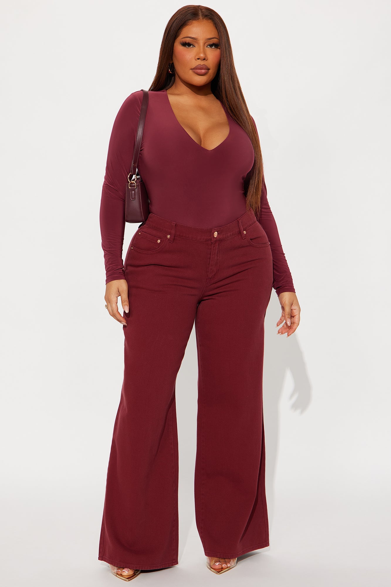 Take The Plunge Lined Long Sleeve Bodysuit - Burgundy