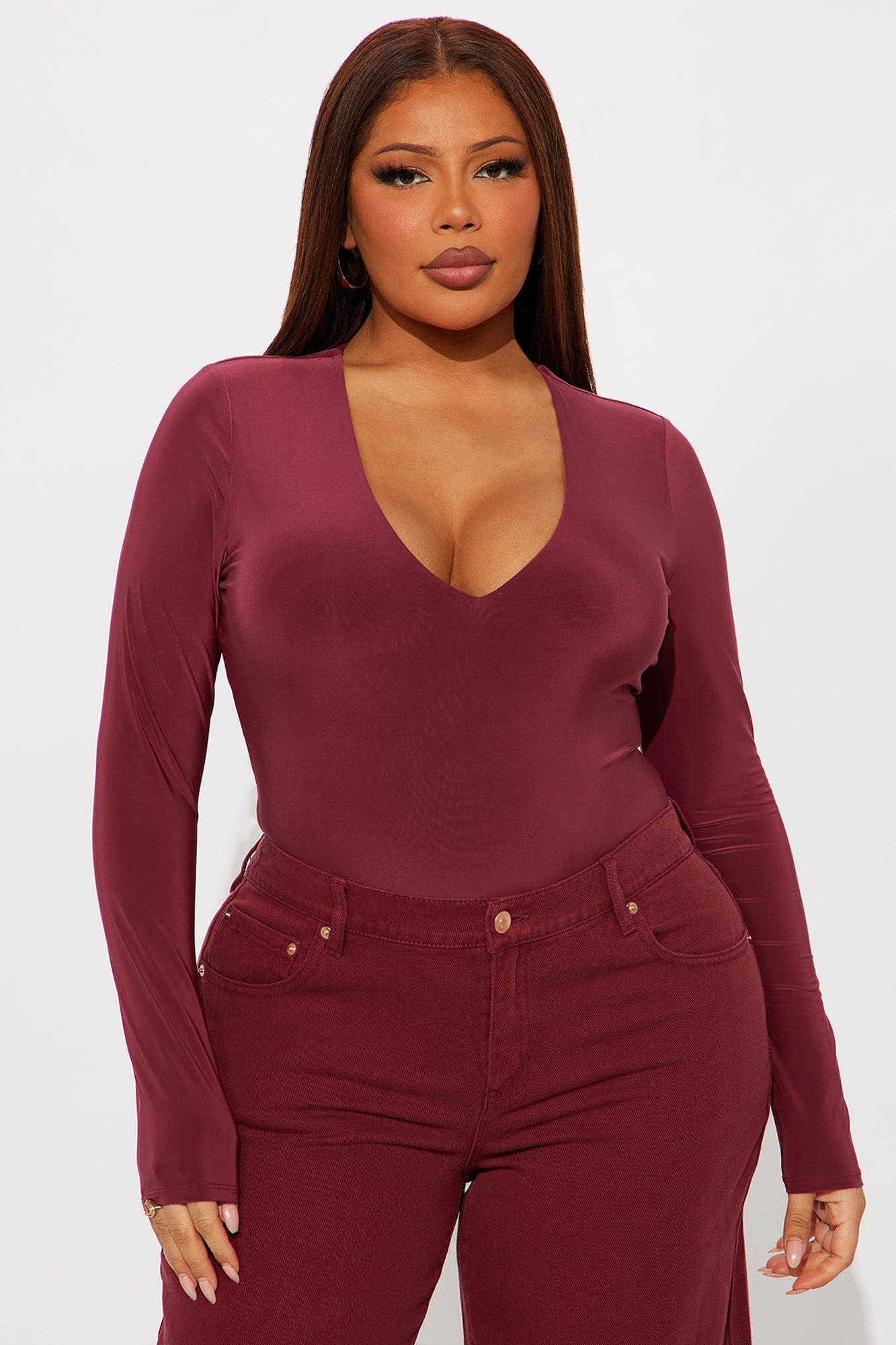 Take The Plunge Lined Long Sleeve Bodysuit - Burgundy