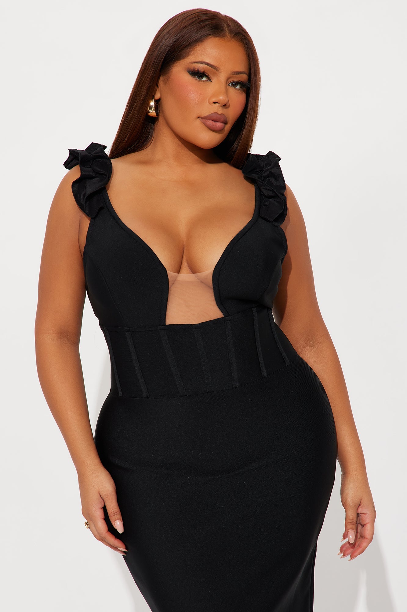 Jada Ruffle Bandage Midi Dress - Black