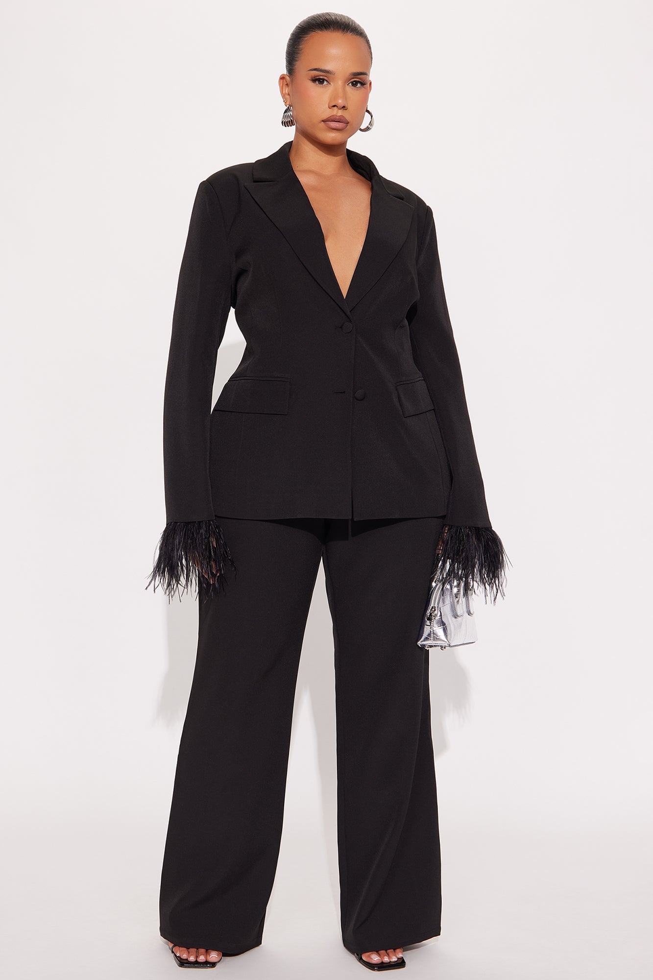 Feathered Agenda Blazer Pant Set - Black