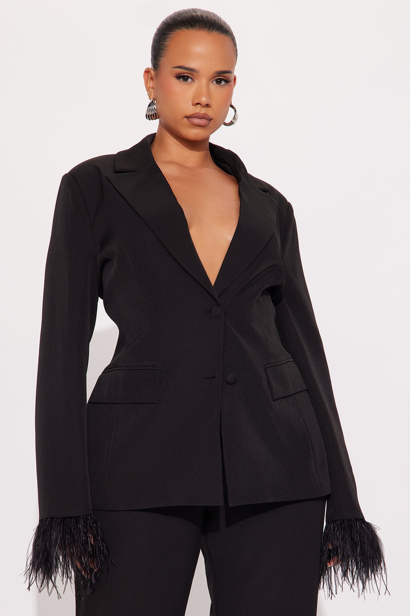 Feathered Agenda Blazer Pant Set - Black
