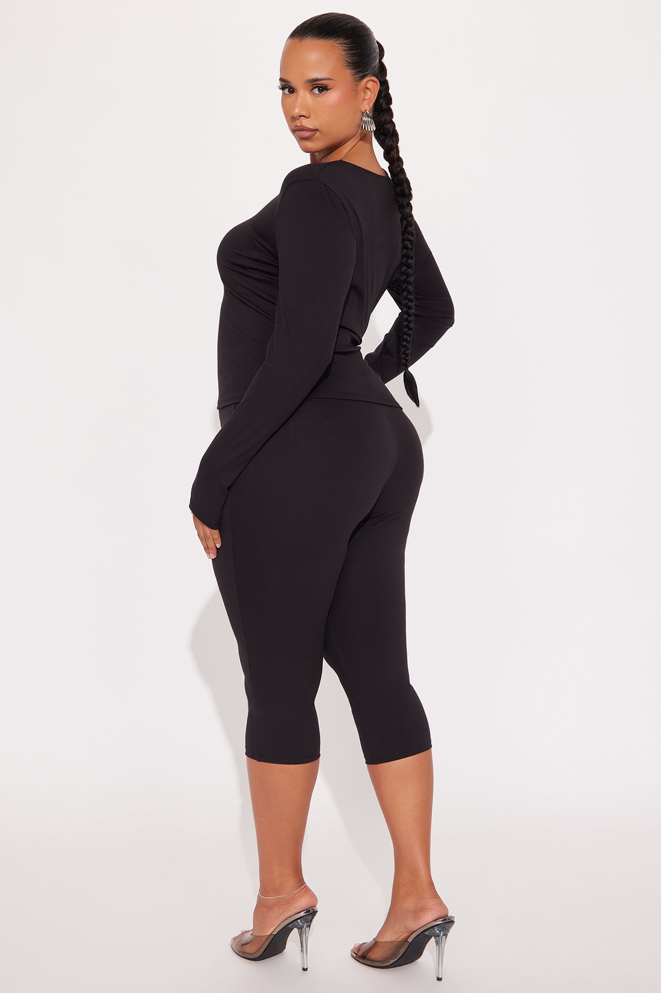 All Day Sleek Long Sleeve Matte Tricot Capri Set - Black