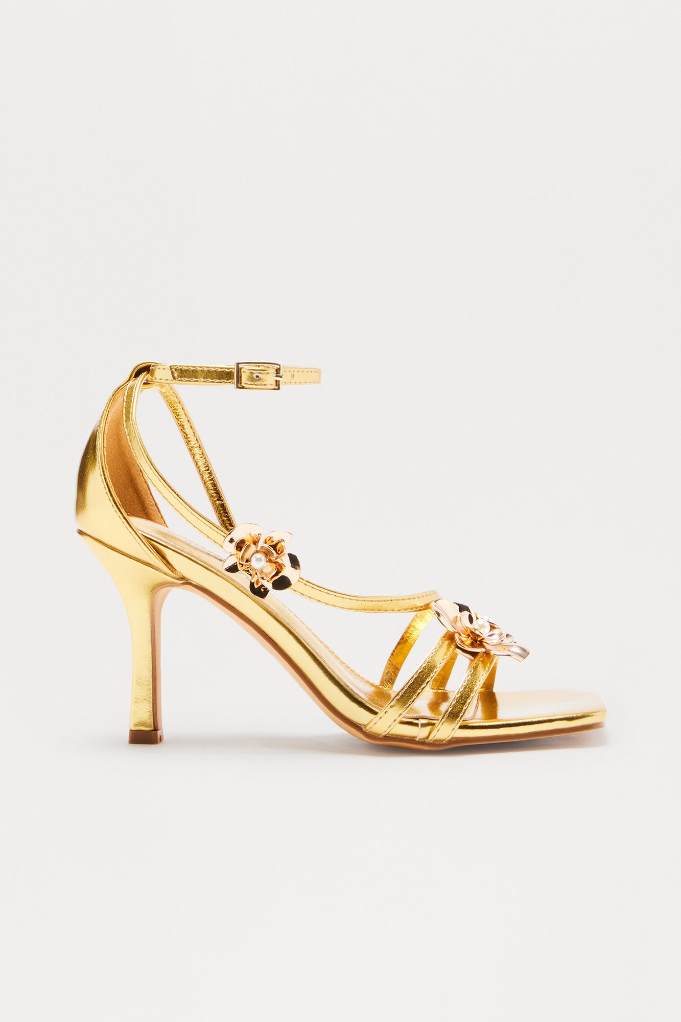 Selima Flower Ankle Strap Heels - Gold