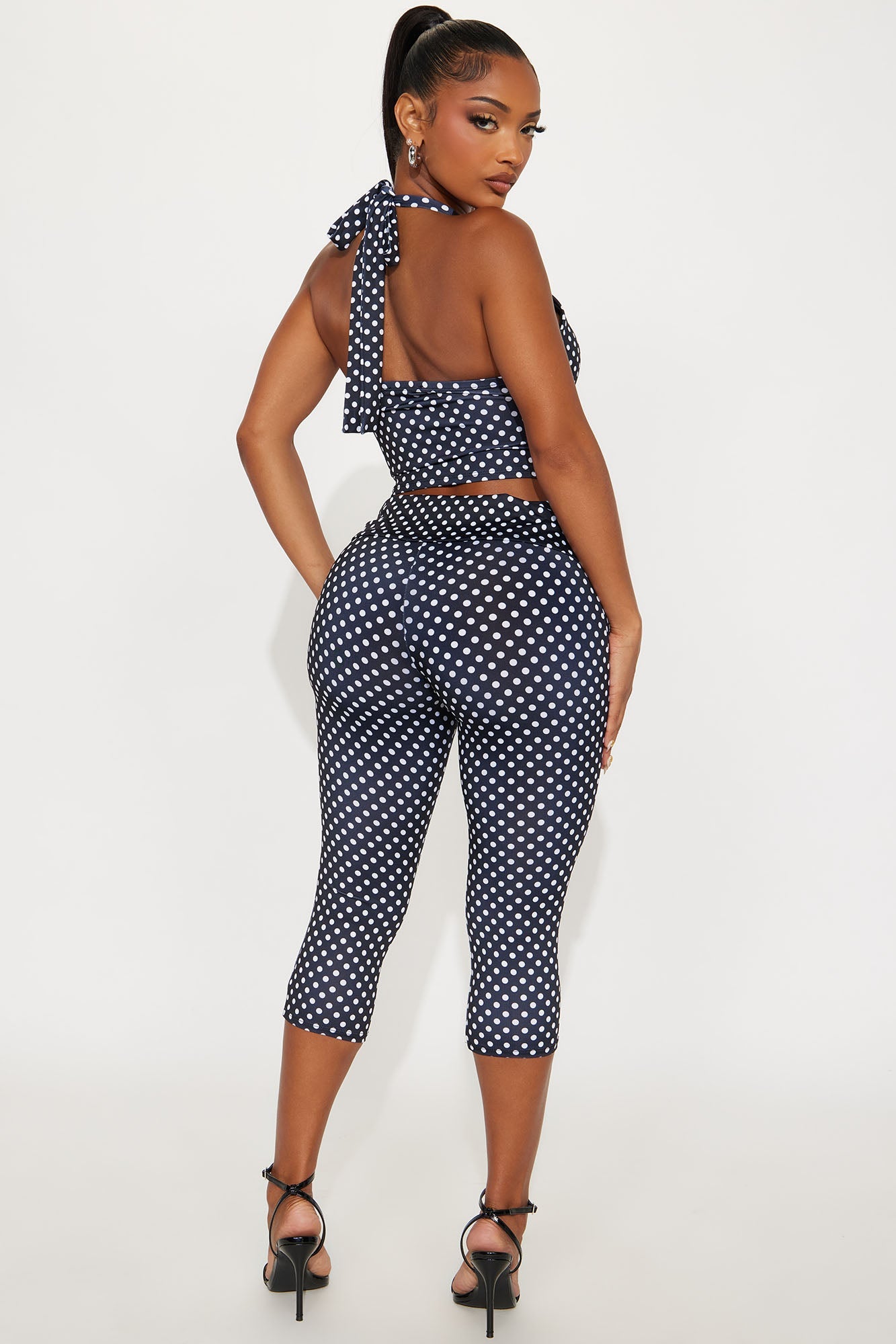 Just A Girl Polka Dot Halter Top Capri Set - Black/White