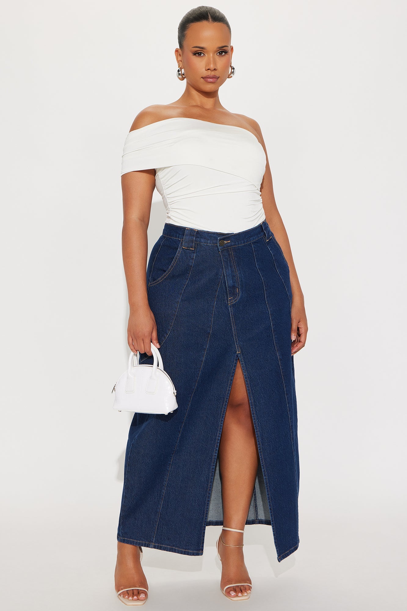 Penny Front Slit Denim Maxi Skirt - Rinse Blue Wash