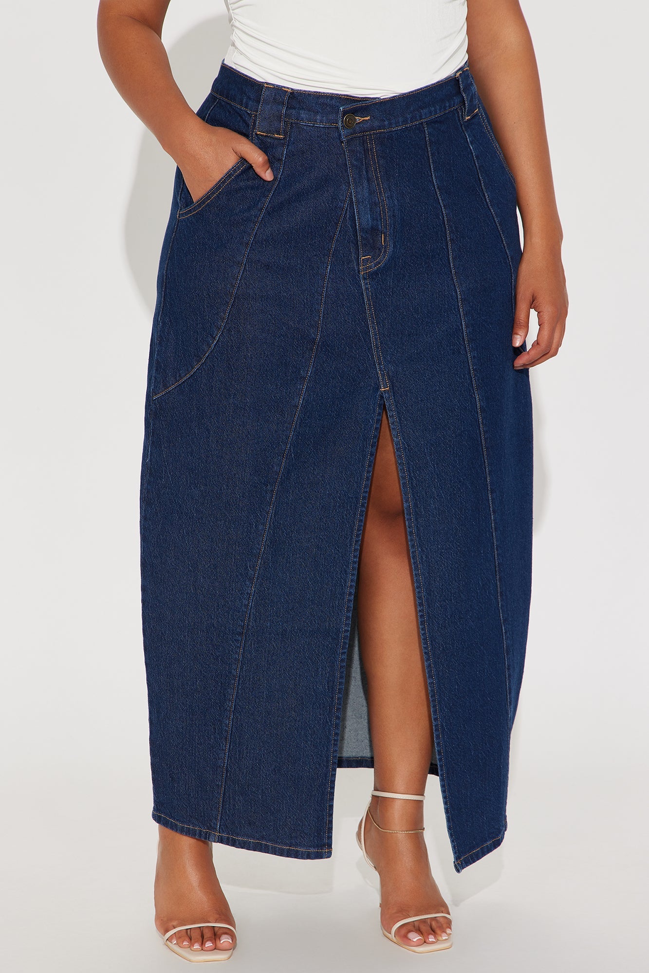 Penny Front Slit Denim Maxi Skirt - Rinse Blue Wash