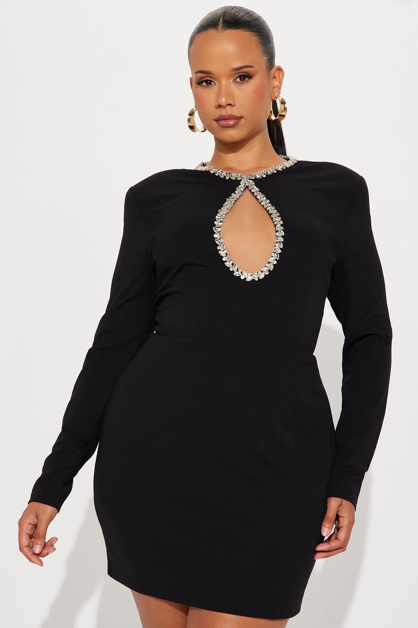 Noah Long Sleeve Rhinestone Mini Dress - Black