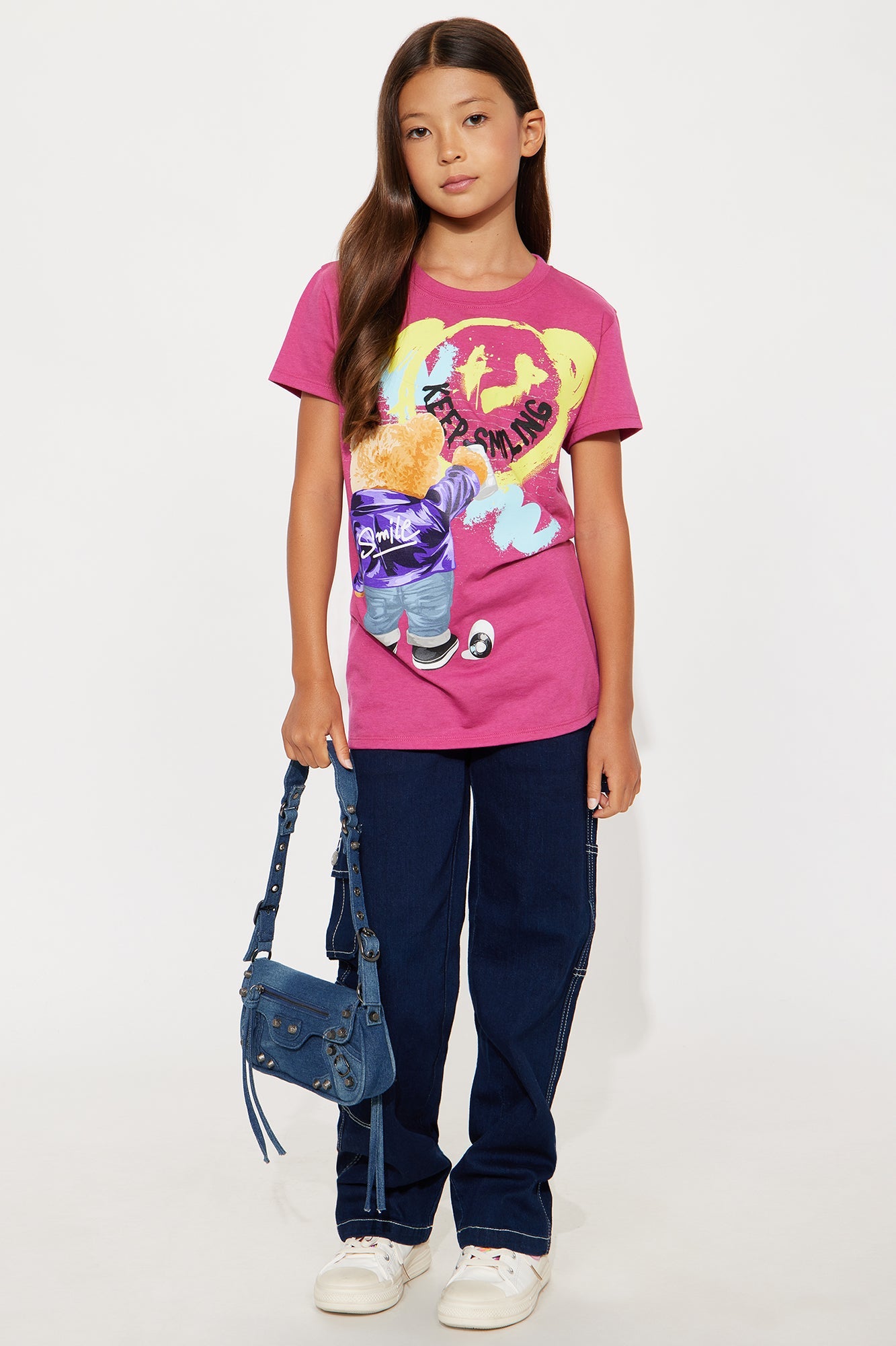 Mini Keep Smiling Graphic Short Sleeve Tee - Fuchsia