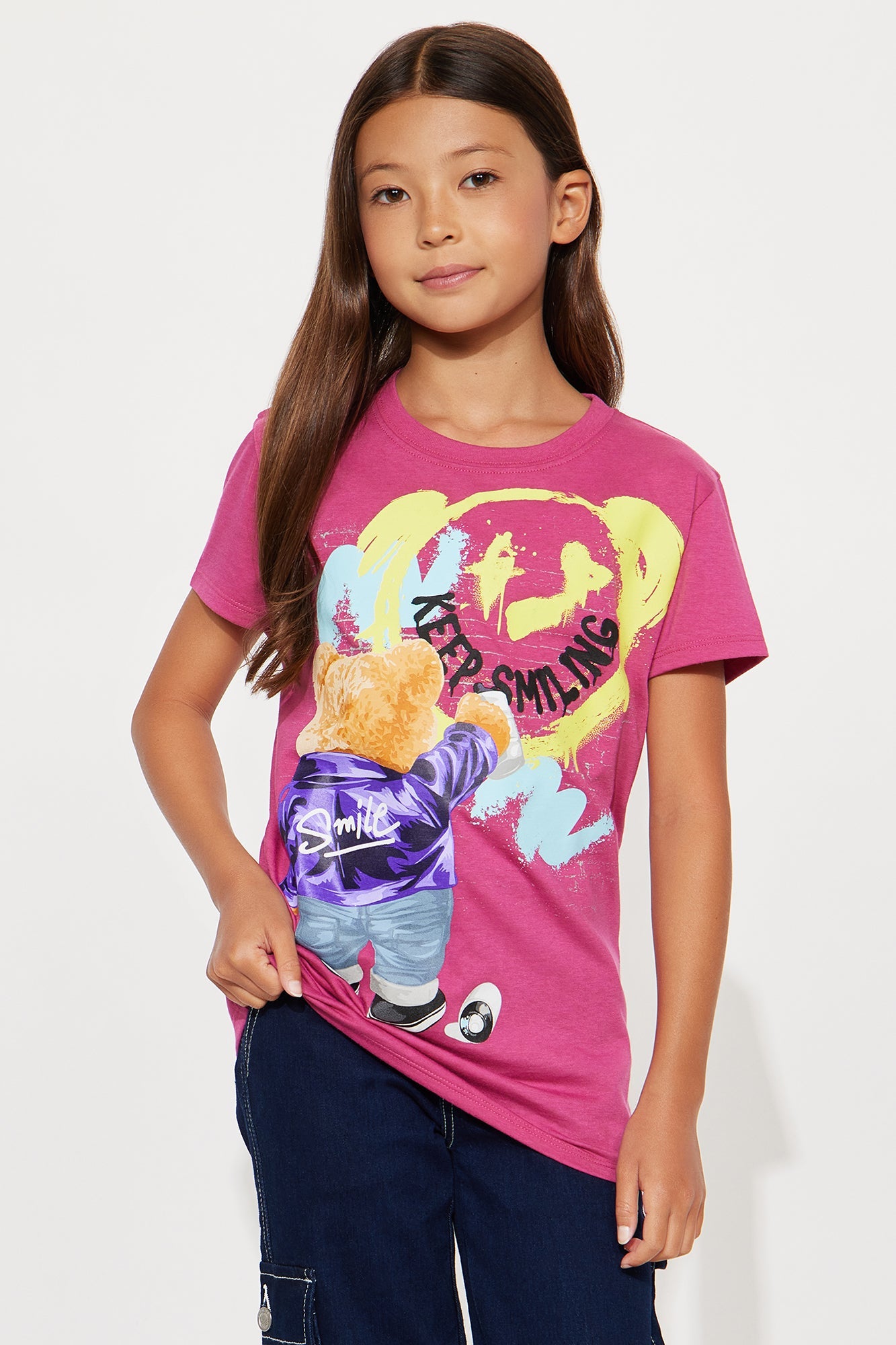 Mini Keep Smiling Graphic Short Sleeve Tee - Fuchsia