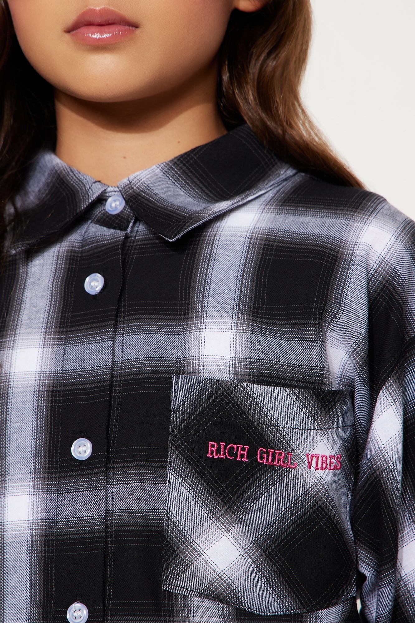 Mini Rich Girl Vibes Button Down Plaid Shirt - Black/combo