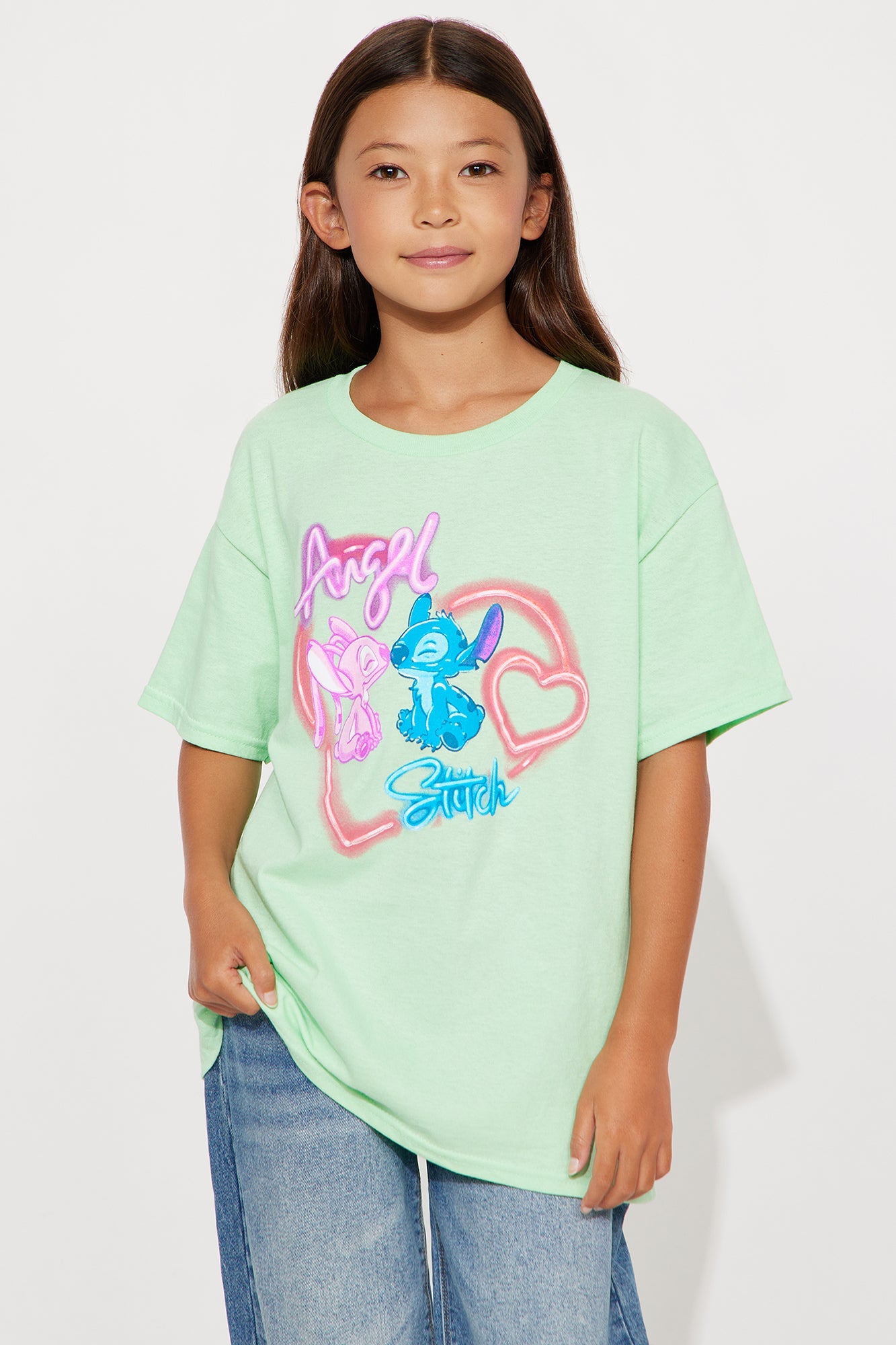 Mini Angel And Stitch Airbrush Short Sleeve Tee - Neon Green