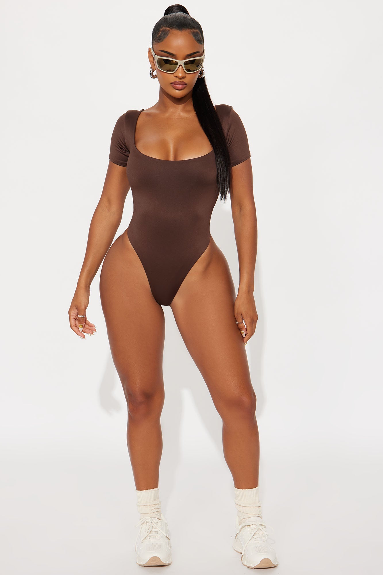 Contour Double Lined Short Sleeve Scoop Neck Bodysuit - Chocolate