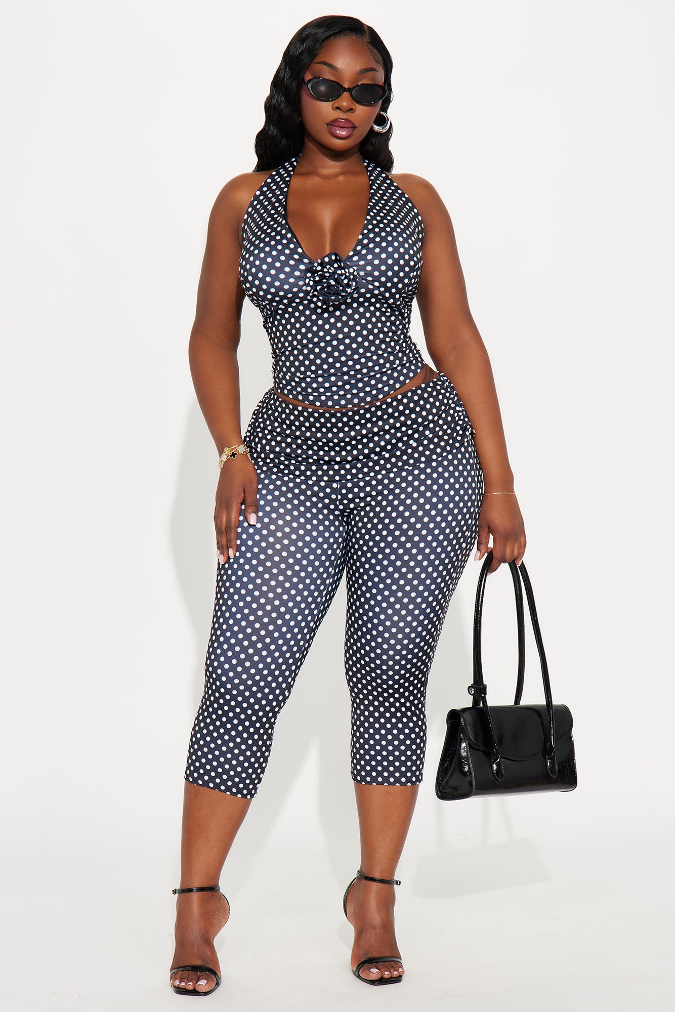 Just A Girl Polka Dot Halter Top Capri Set - Black/White