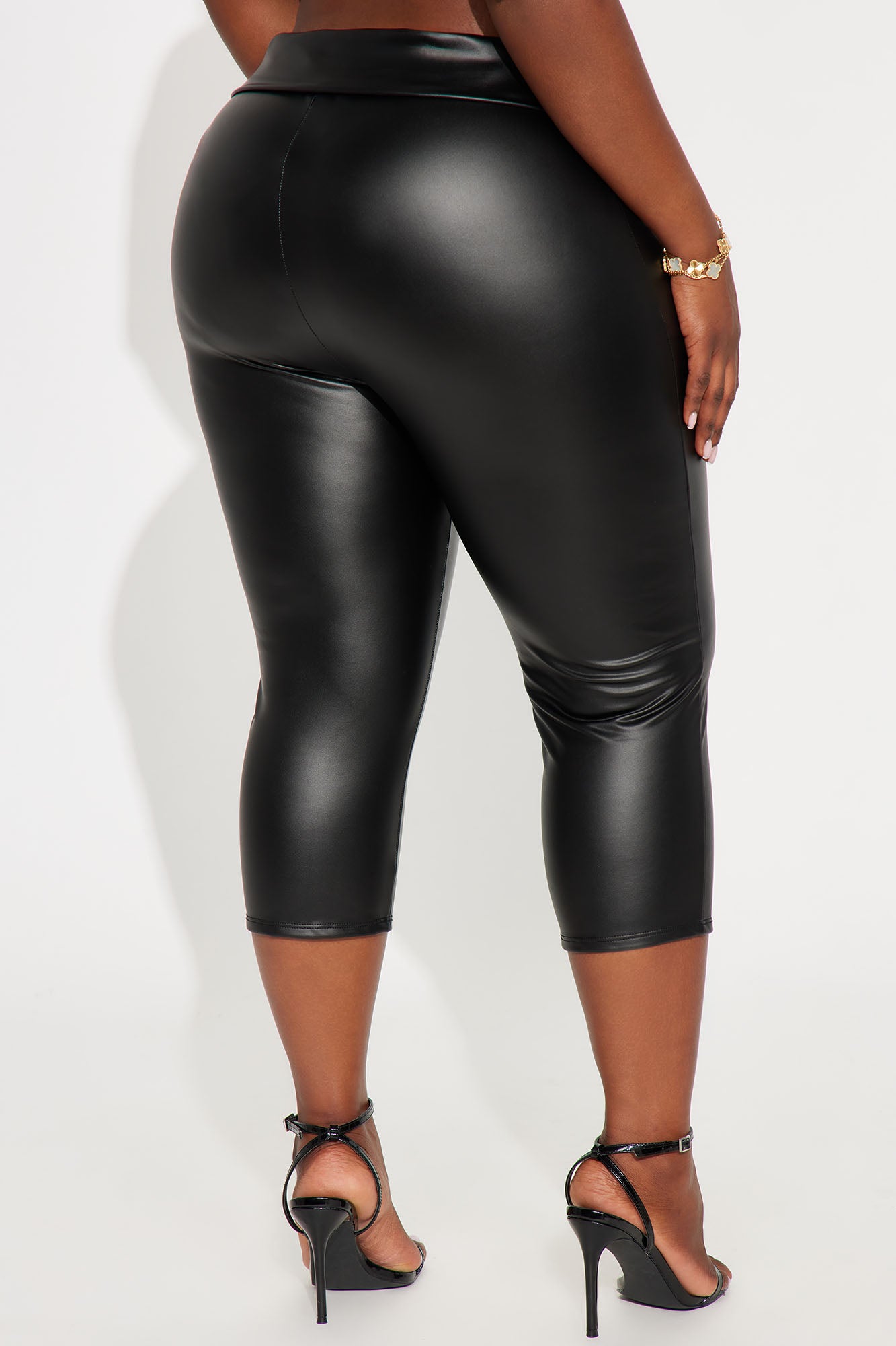 Kyrie Foldover Waistband Faux Leather Capri Legging - Black