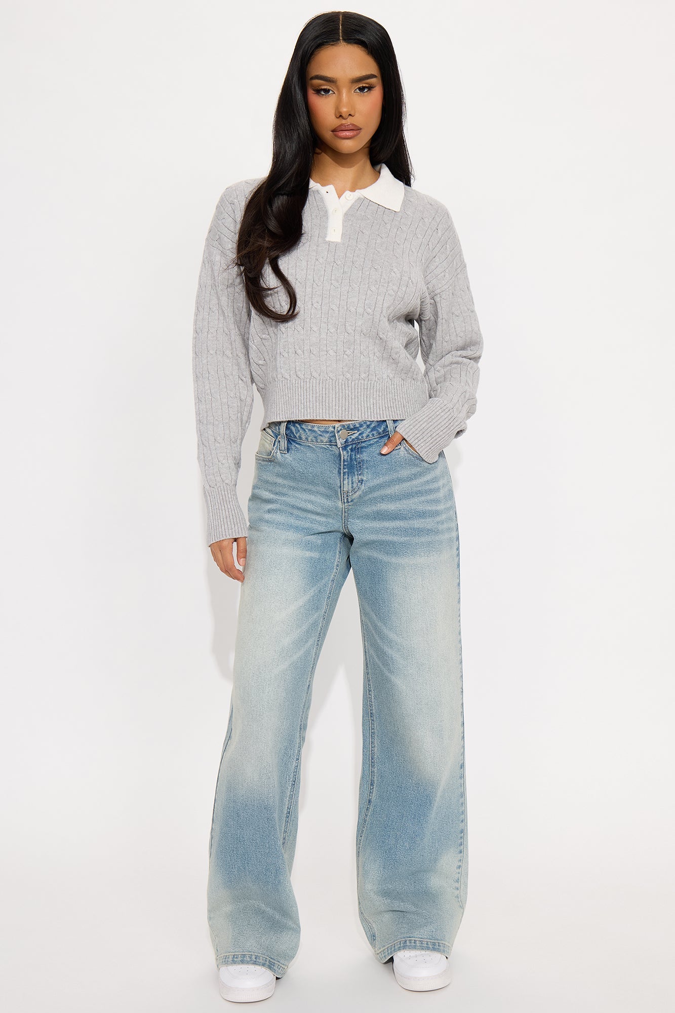 Layla Cable Knit Pullover Polo Sweater - Grey/combo