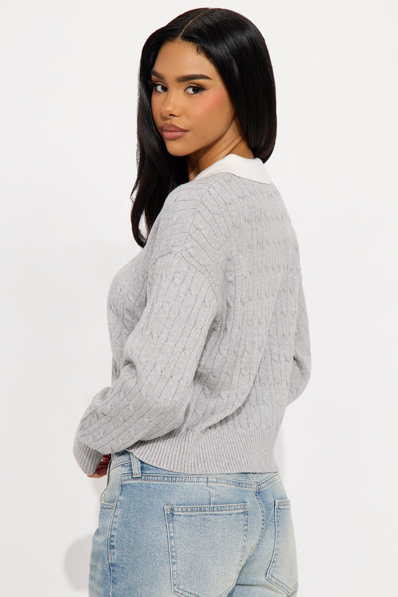 Layla Cable Knit Pullover Polo Sweater - Grey/combo
