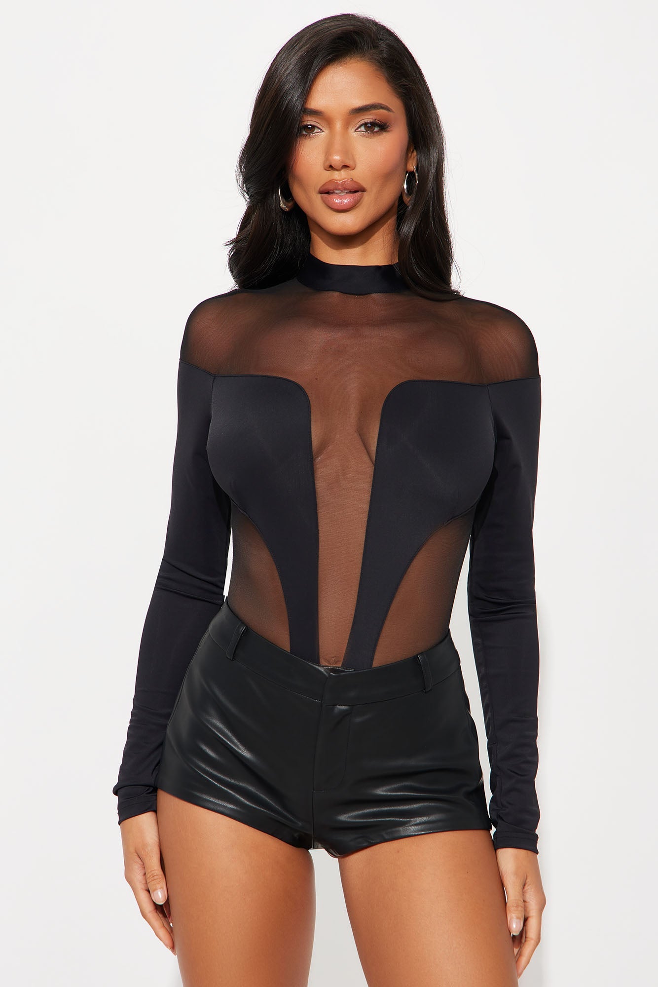 Zuri Mesh Cut Out Long Sleeve Bodysuit - Black