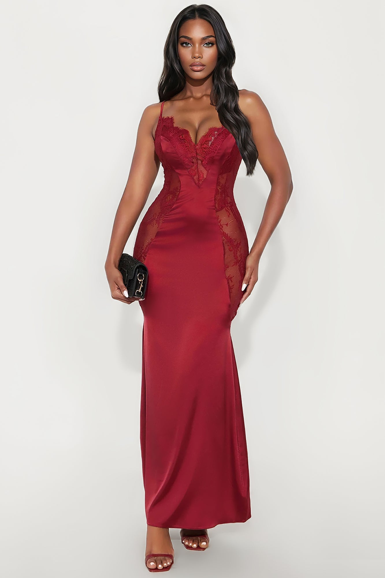 Heart Keeper Lace Satin Maxi Dress - Burgundy