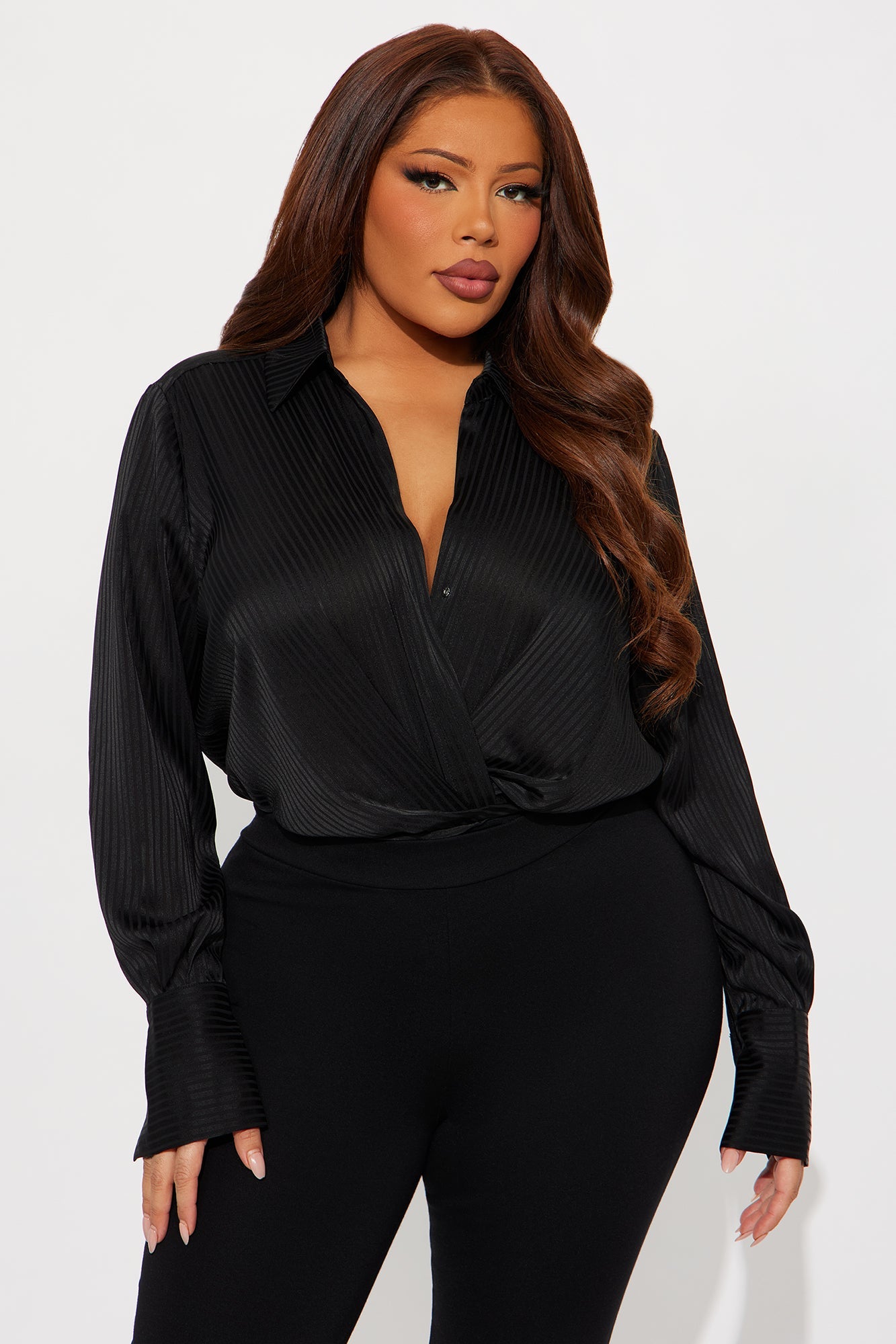 Maya Pinstripes Satin Bodysuit - Black