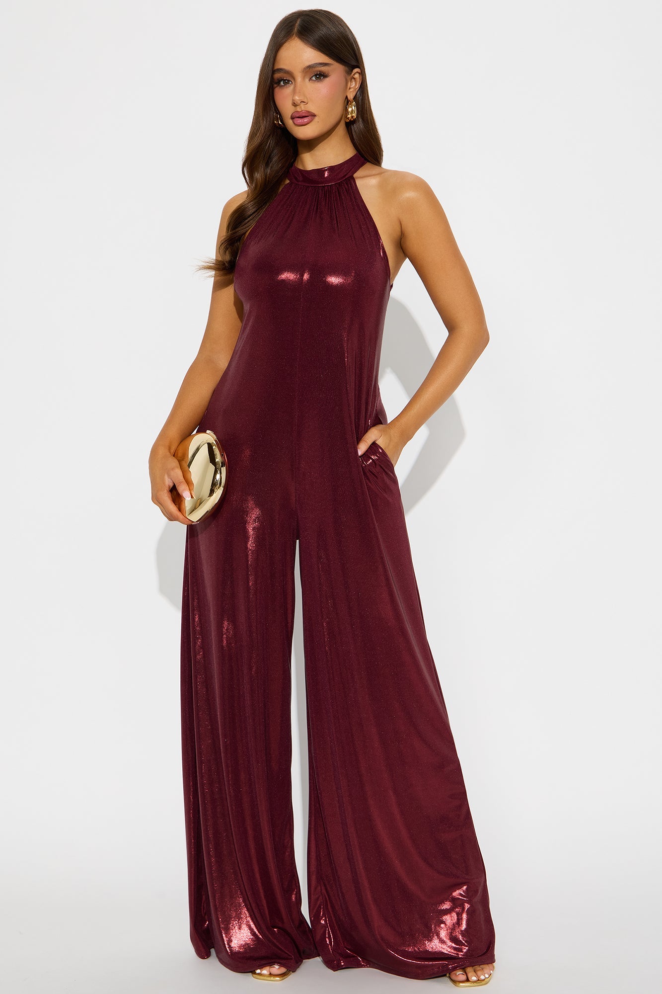Liquid Lust Metallic Wide Leg Jumpsuit - Burgundy