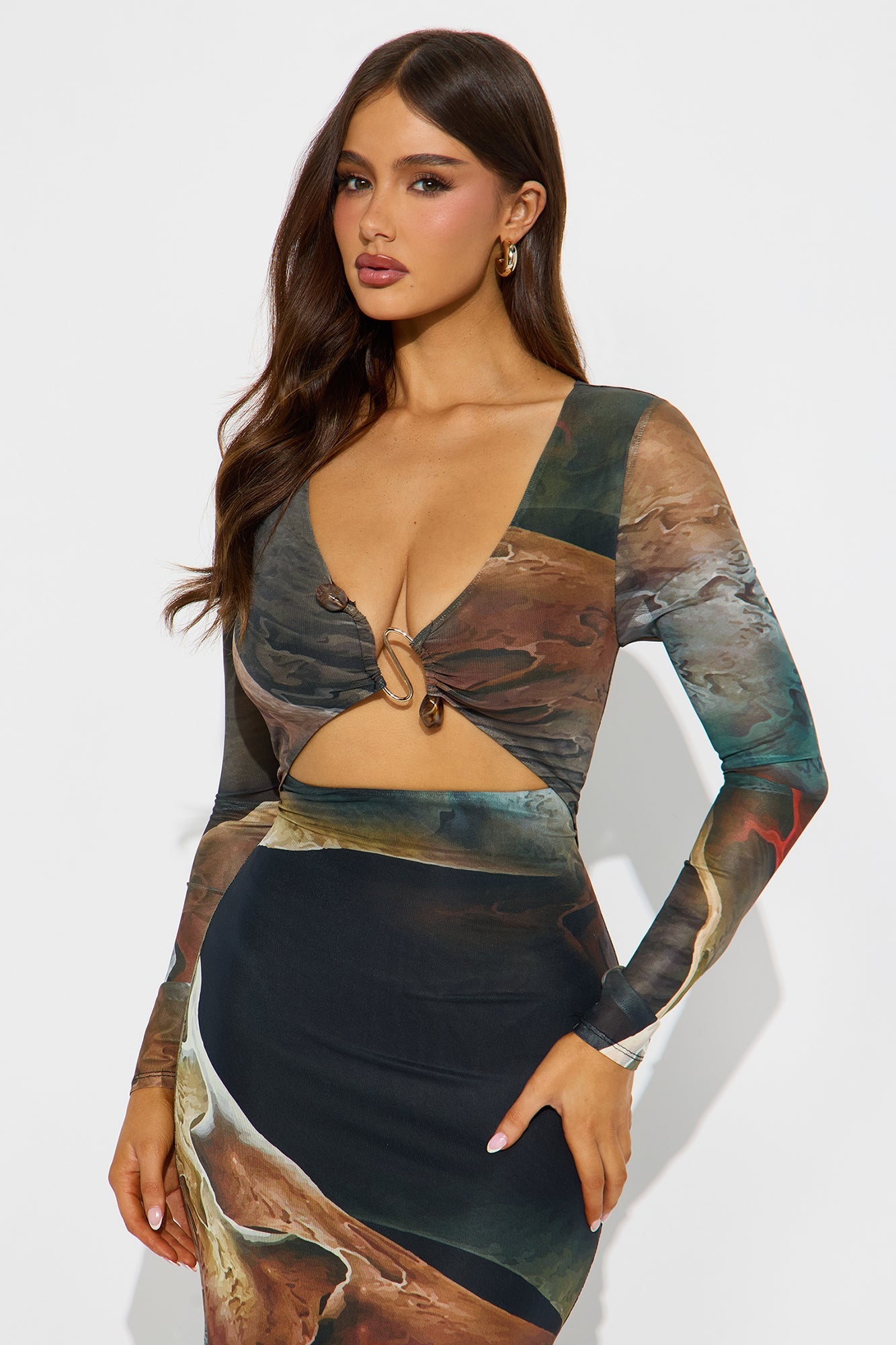 Kristen Printed Mesh Maxi Dress - Olive/combo