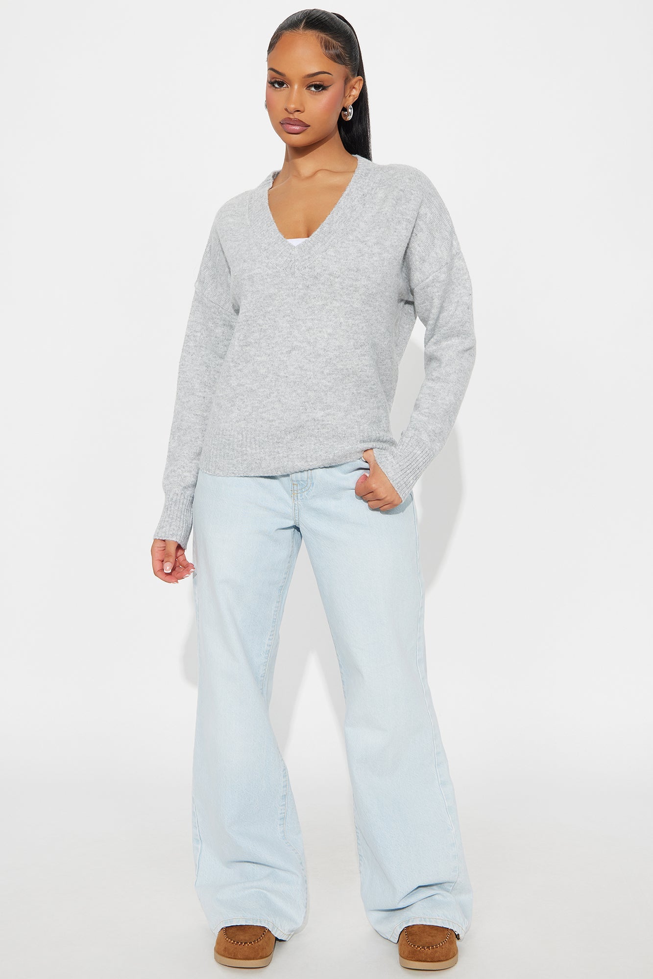 Kaitlyn V Neck Sweater - Heather Grey