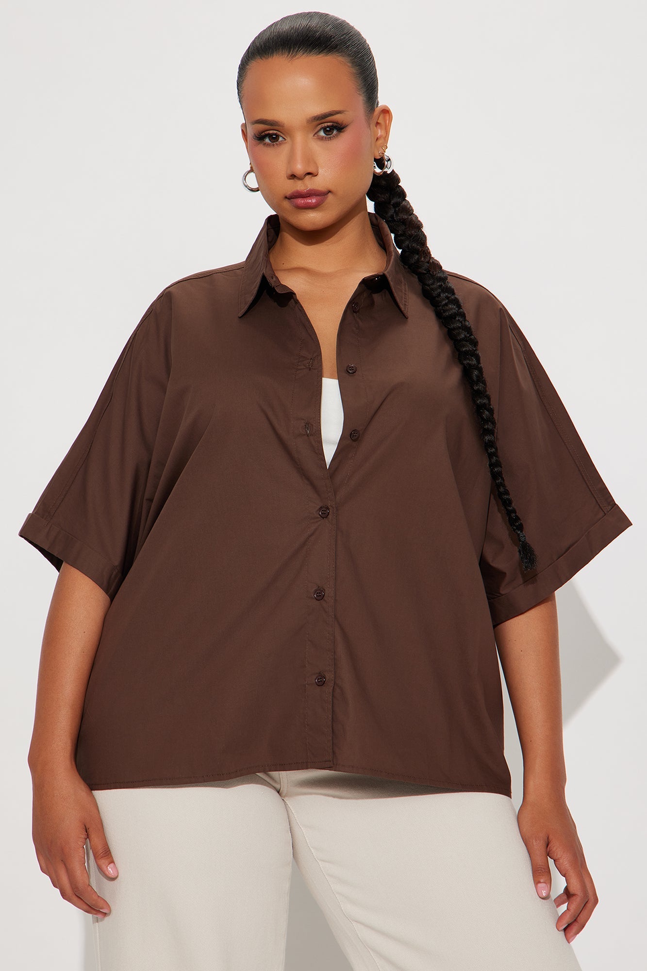 Sancie Oversized Poplin Button Up Shirt - Chocolate