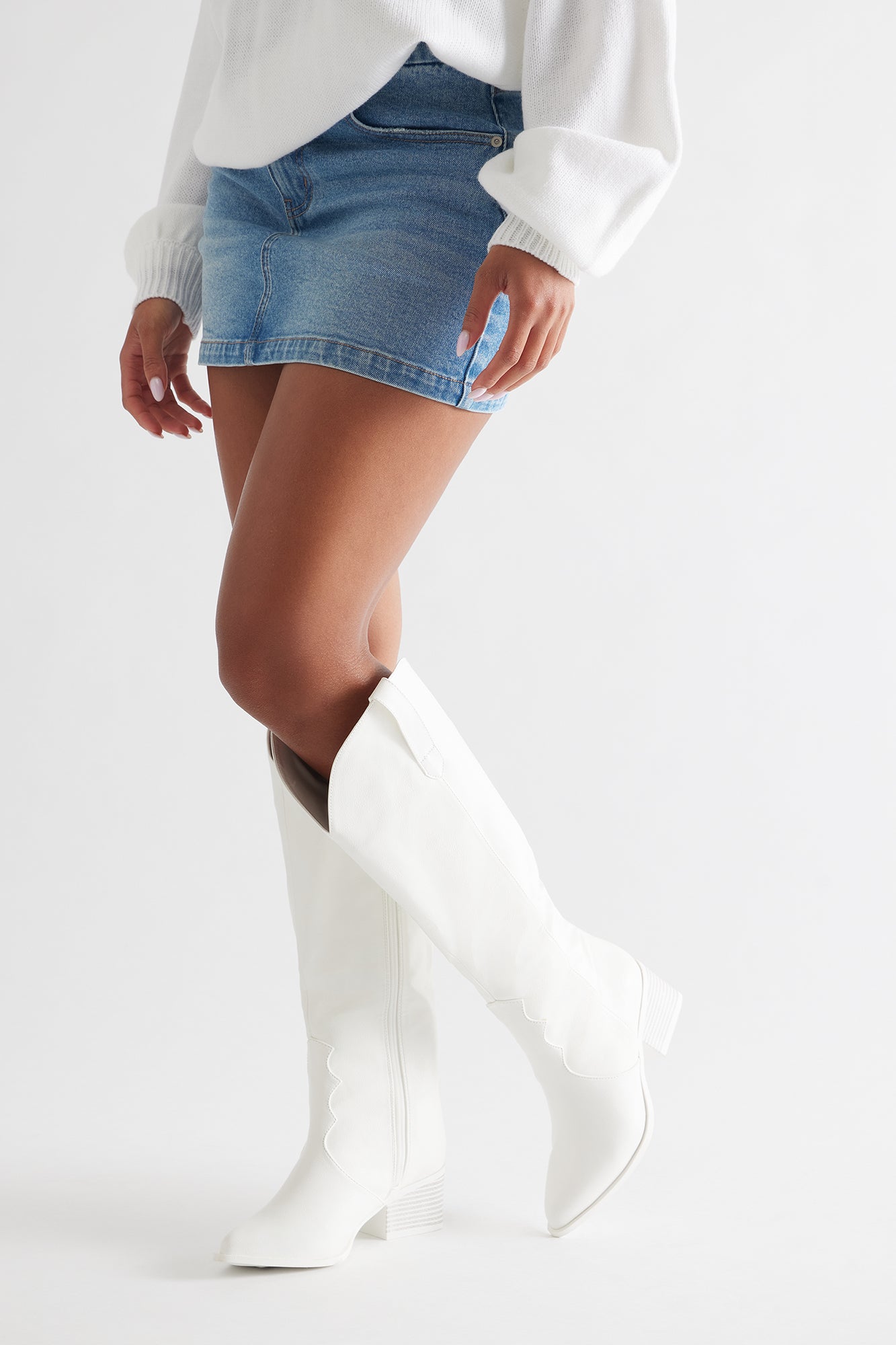 Camper Knee High Cowboy Boots - White