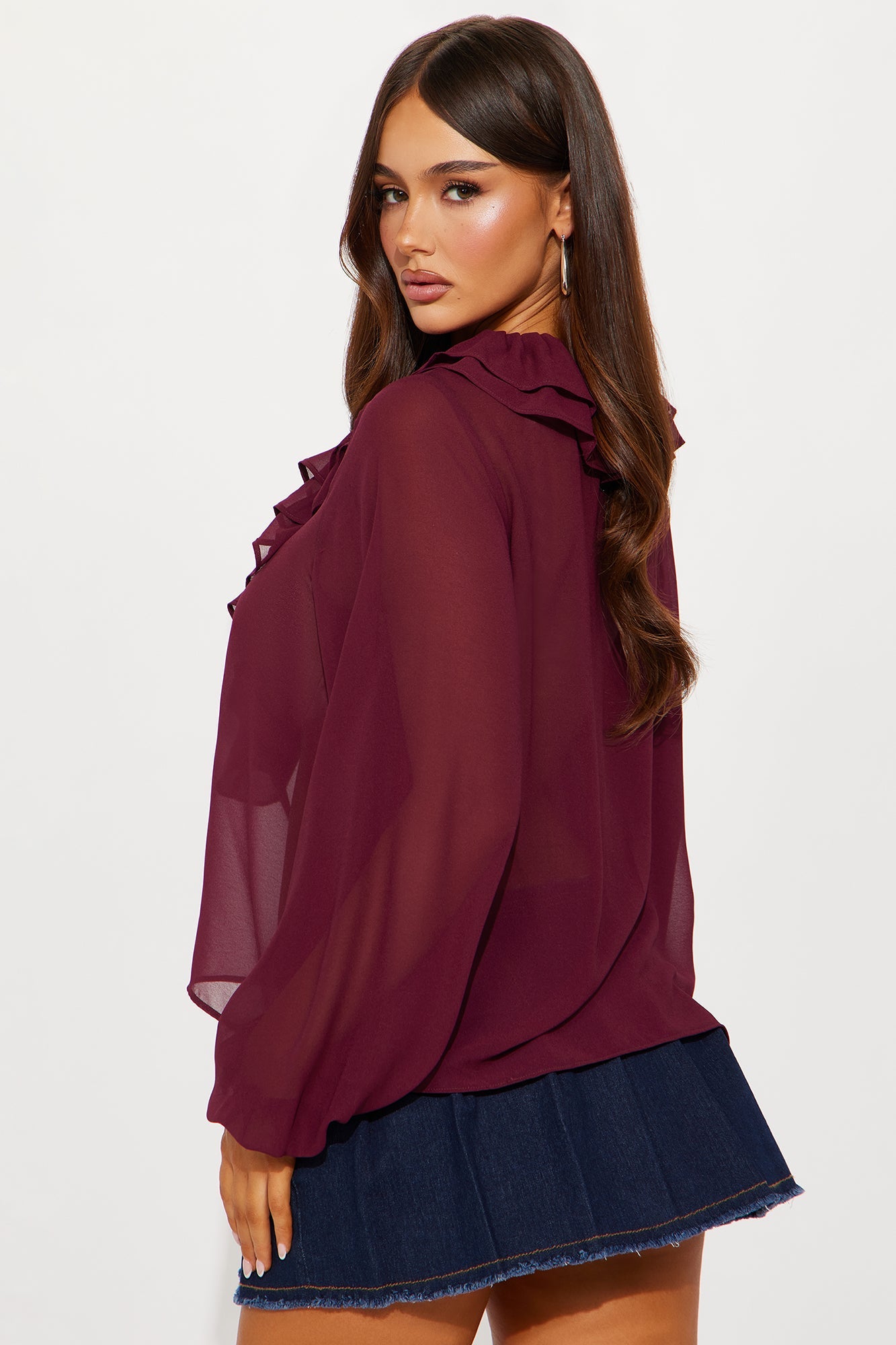 Living For This Ruffle Chiffon Blouse - Burgundy