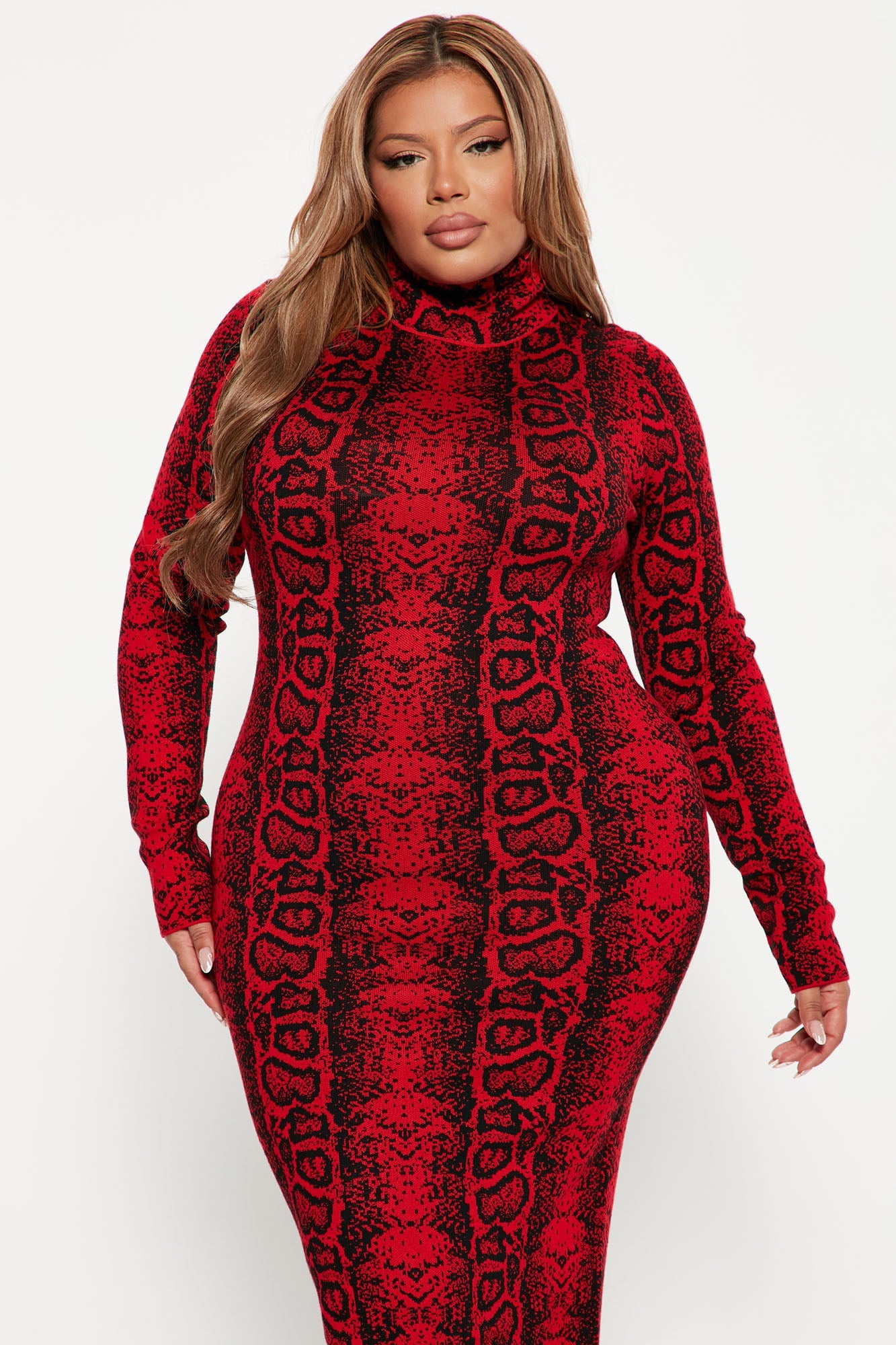 Saucy Snake Sweater Midi Dress - Red/Black