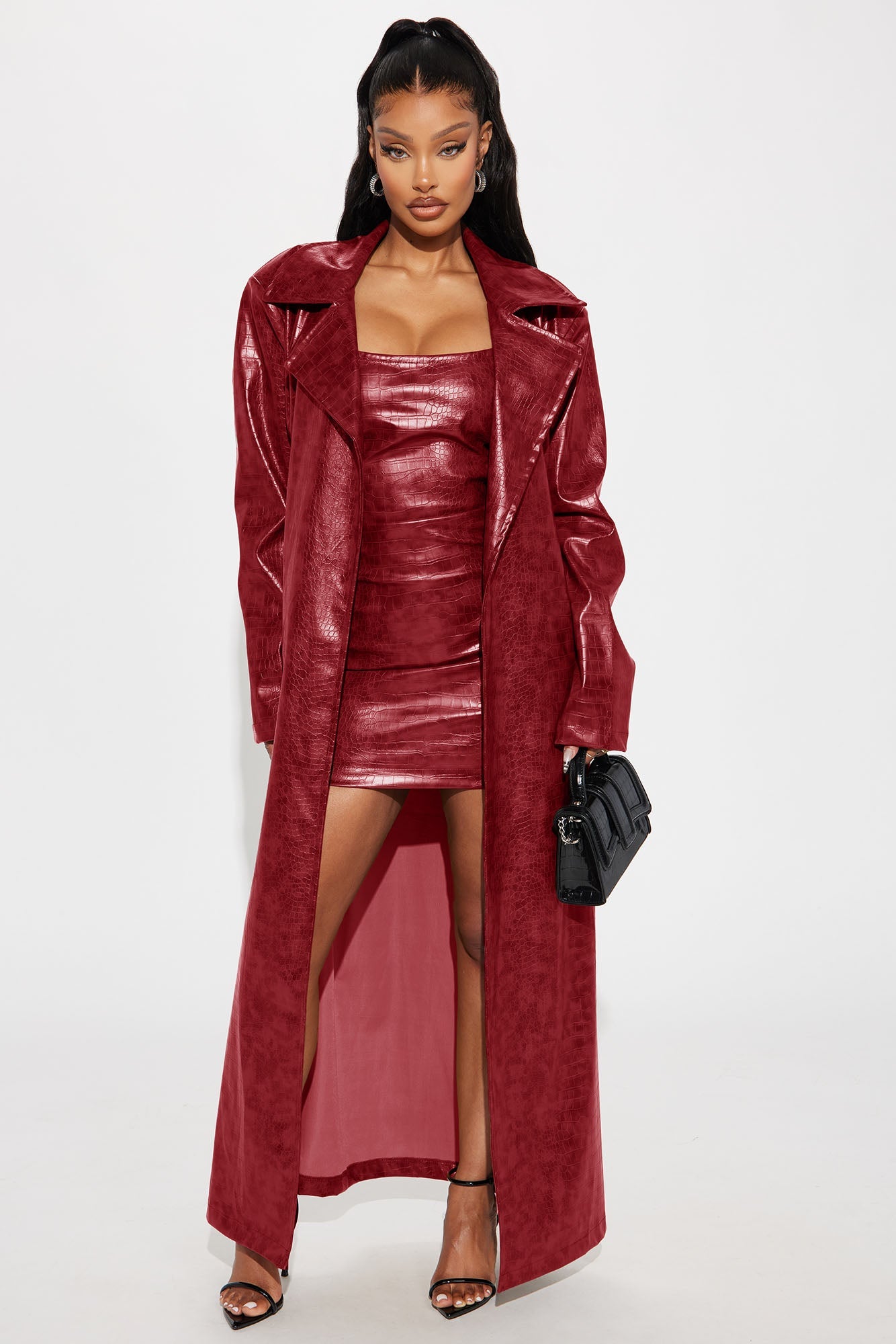 Hit The Gas Faux Leather Trench and Mini Dress Set - Wine