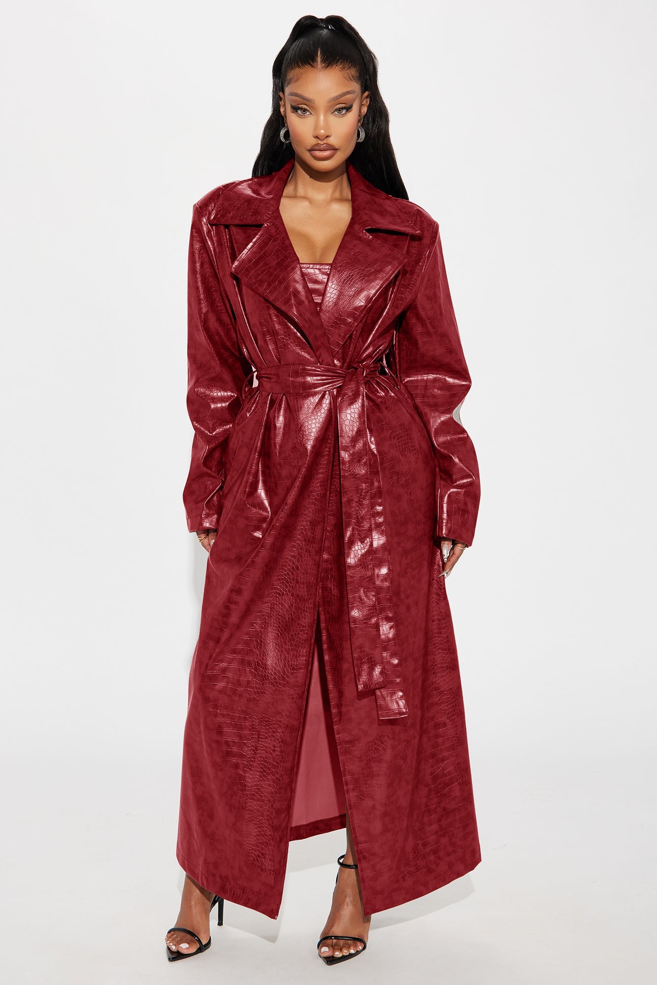 Hit The Gas Faux Leather Trench and Mini Dress Set - Wine