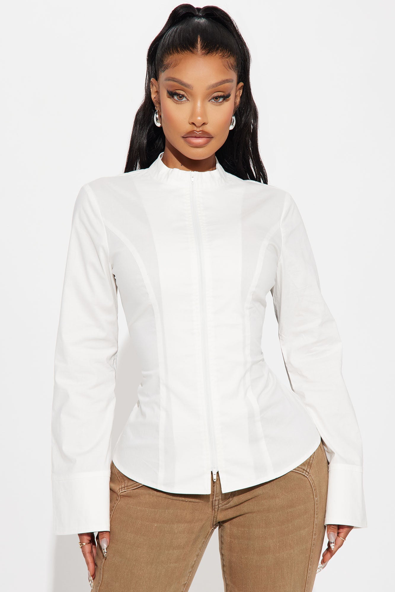 Kara Poplin Zip Up Shirt - White