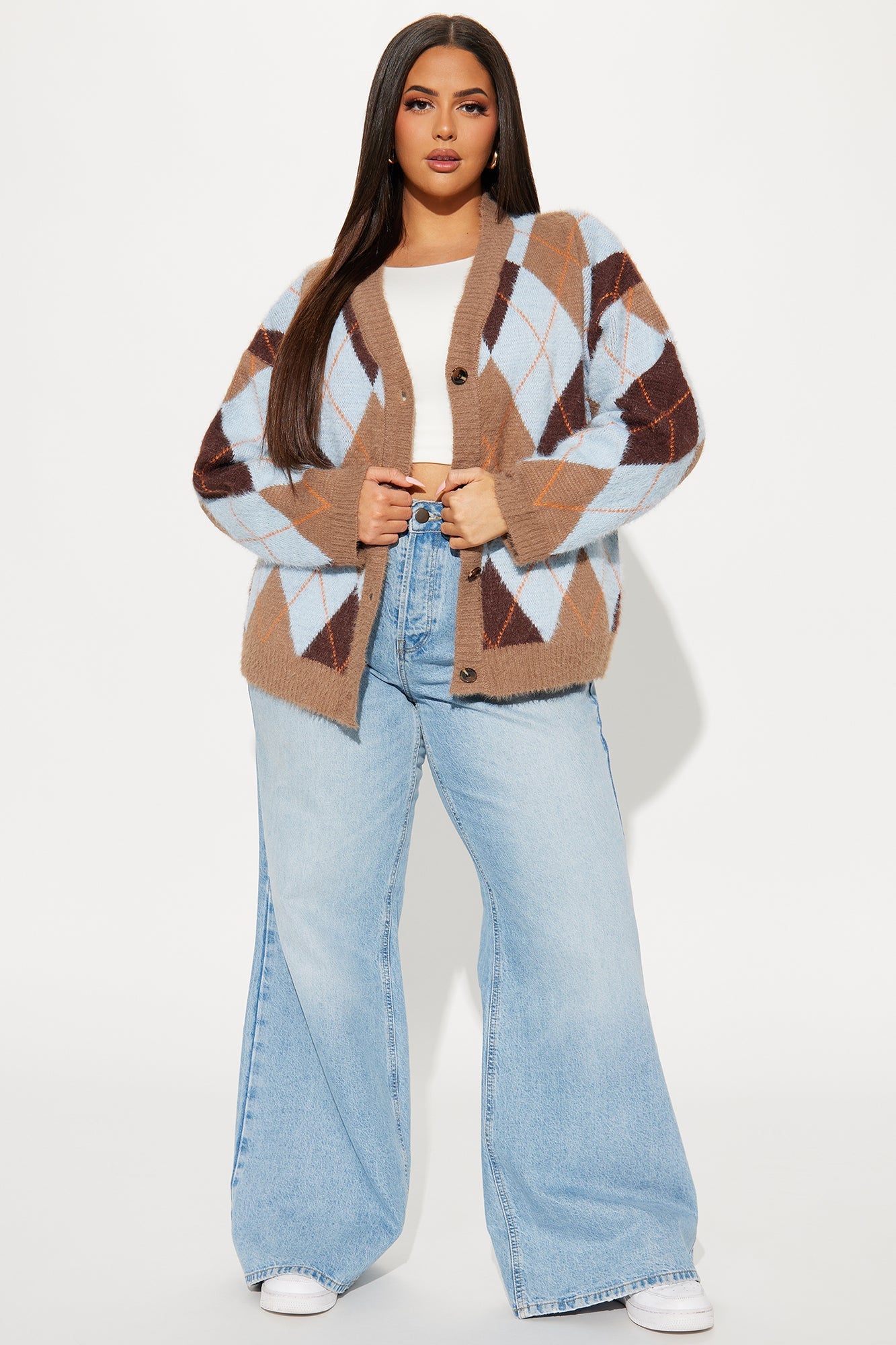 Preppy Girl Argyle Cardigan - Taupe/combo