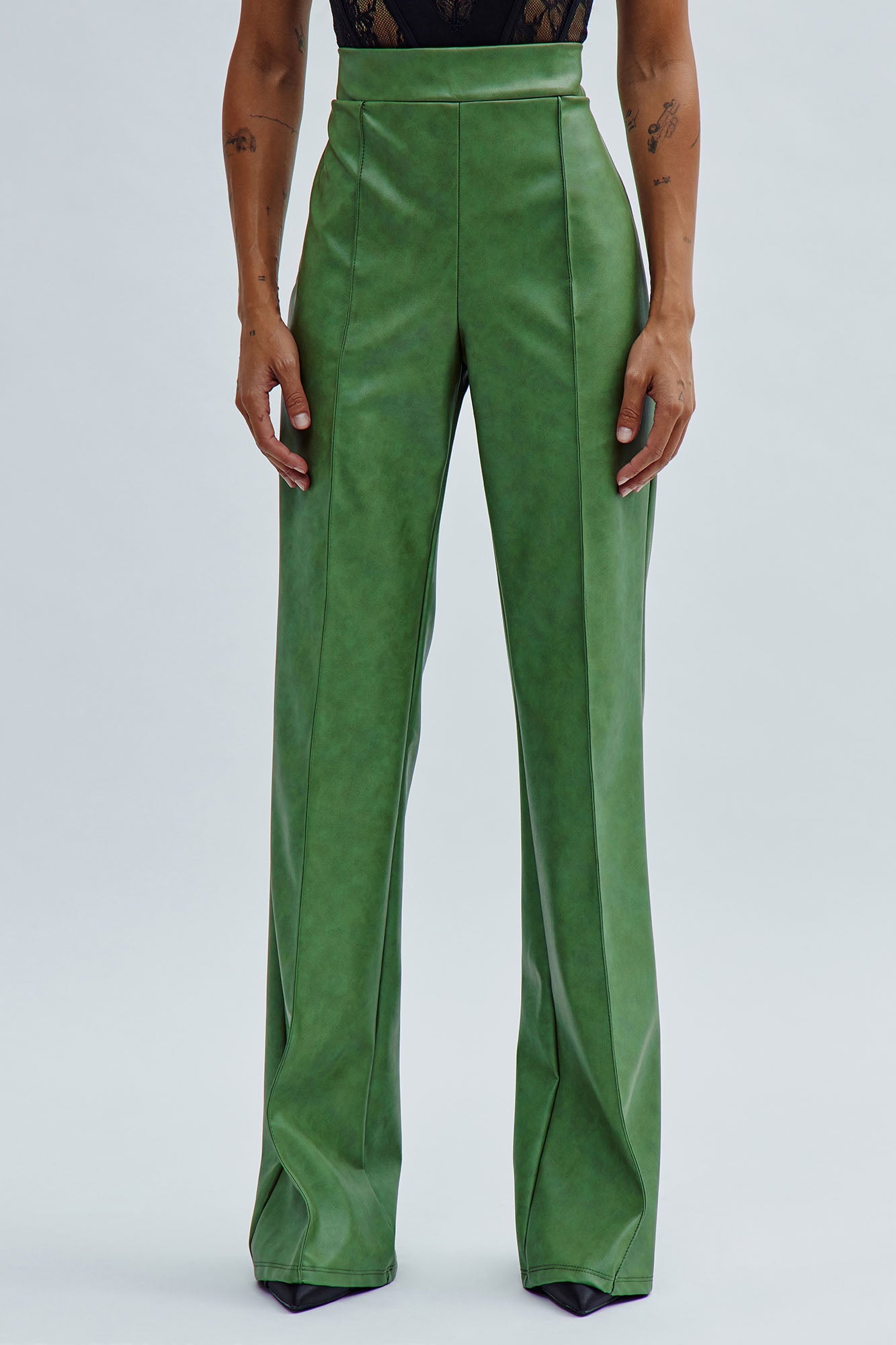 Victoria High Waisted Washed Faux Leather Dress Pants - Olive