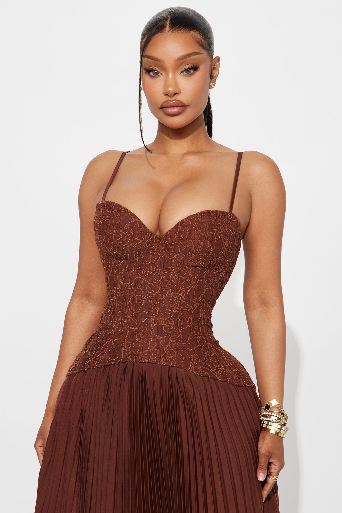 Daniella Lace Corset Pleated Maxi Dress - Chocolate