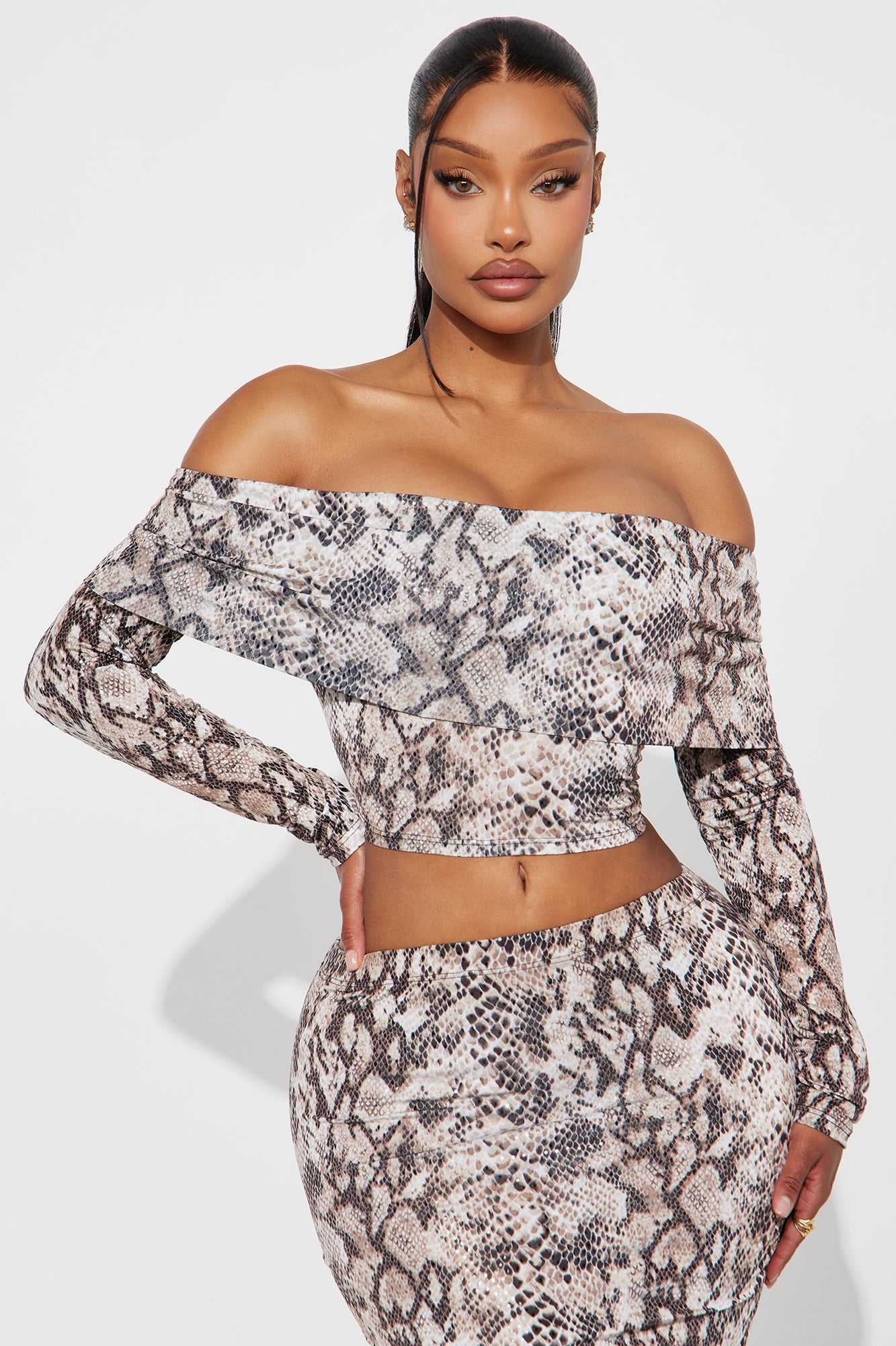Soleil Snake Print Maxi Skirt Set - Taupe/combo