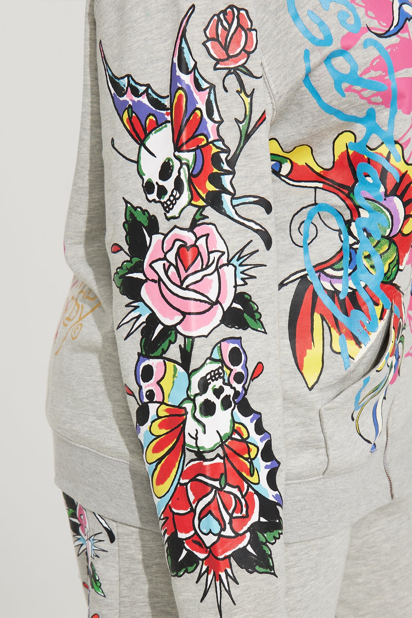 Ed Hardy Butterflies Zip Up Oversized Hoodie - Heather Grey
