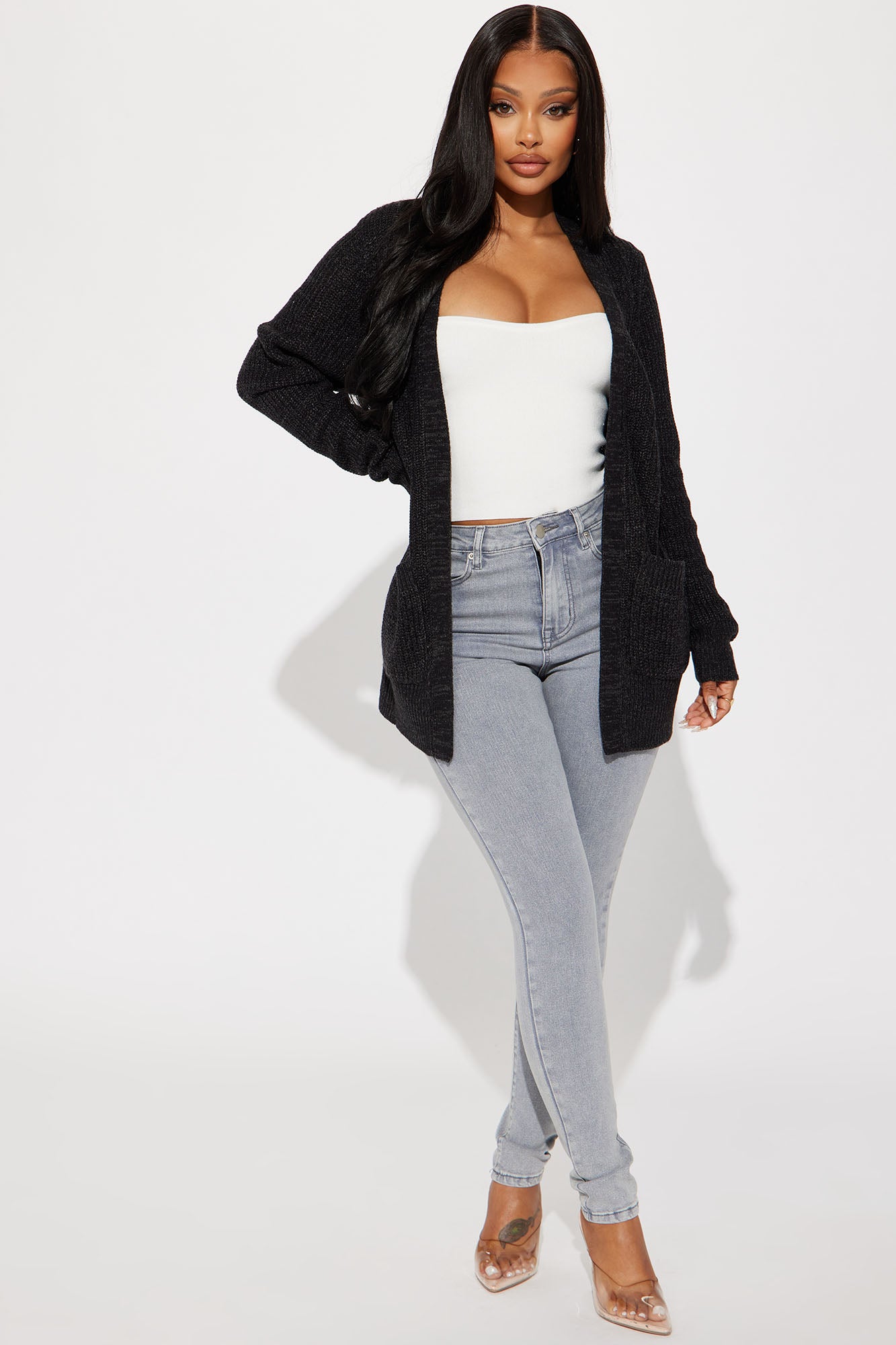 Zoe Two Pocket Cardigan - Black/Charcoal