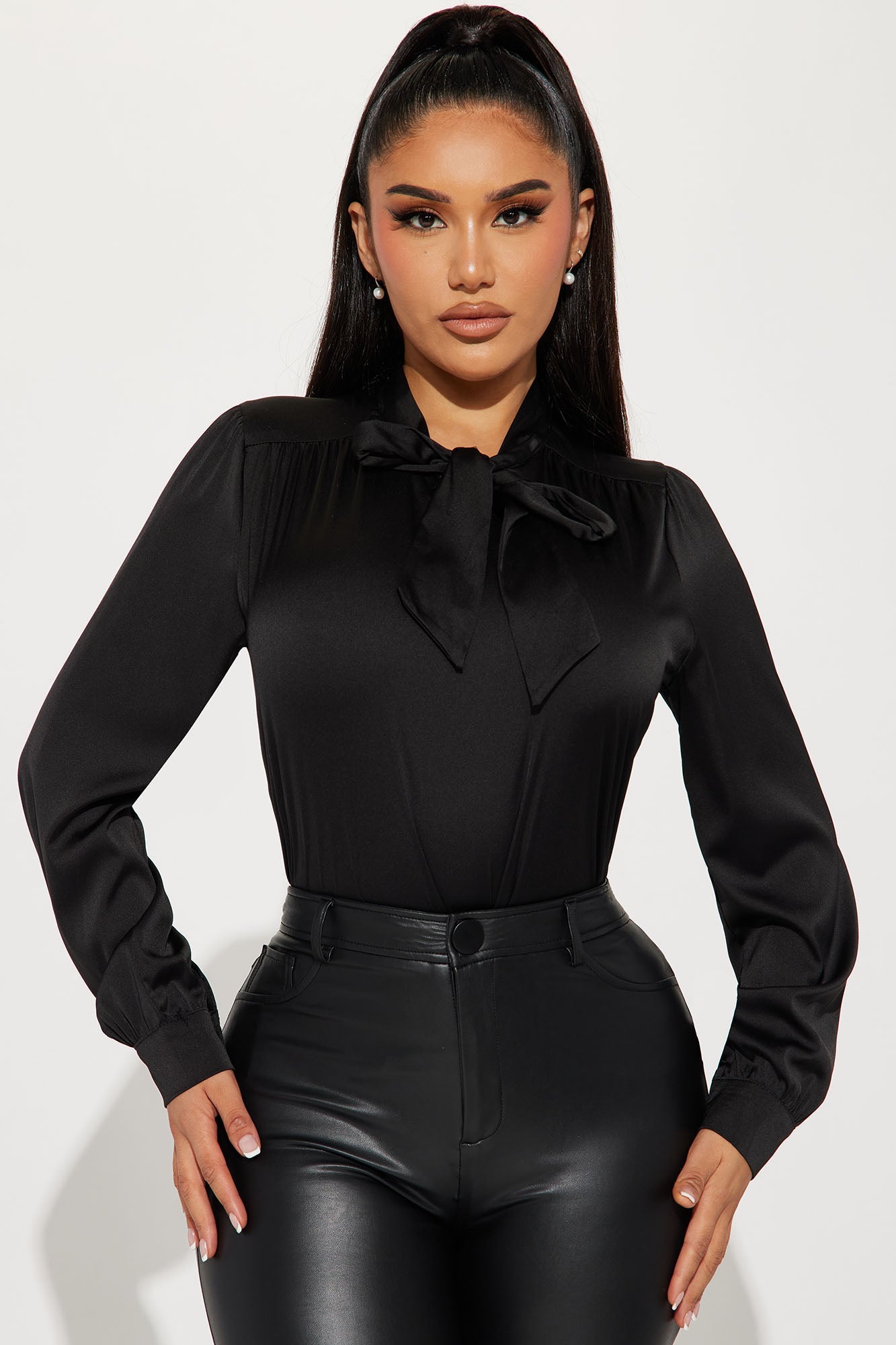 Business Chats Satin Blouse Top - Black