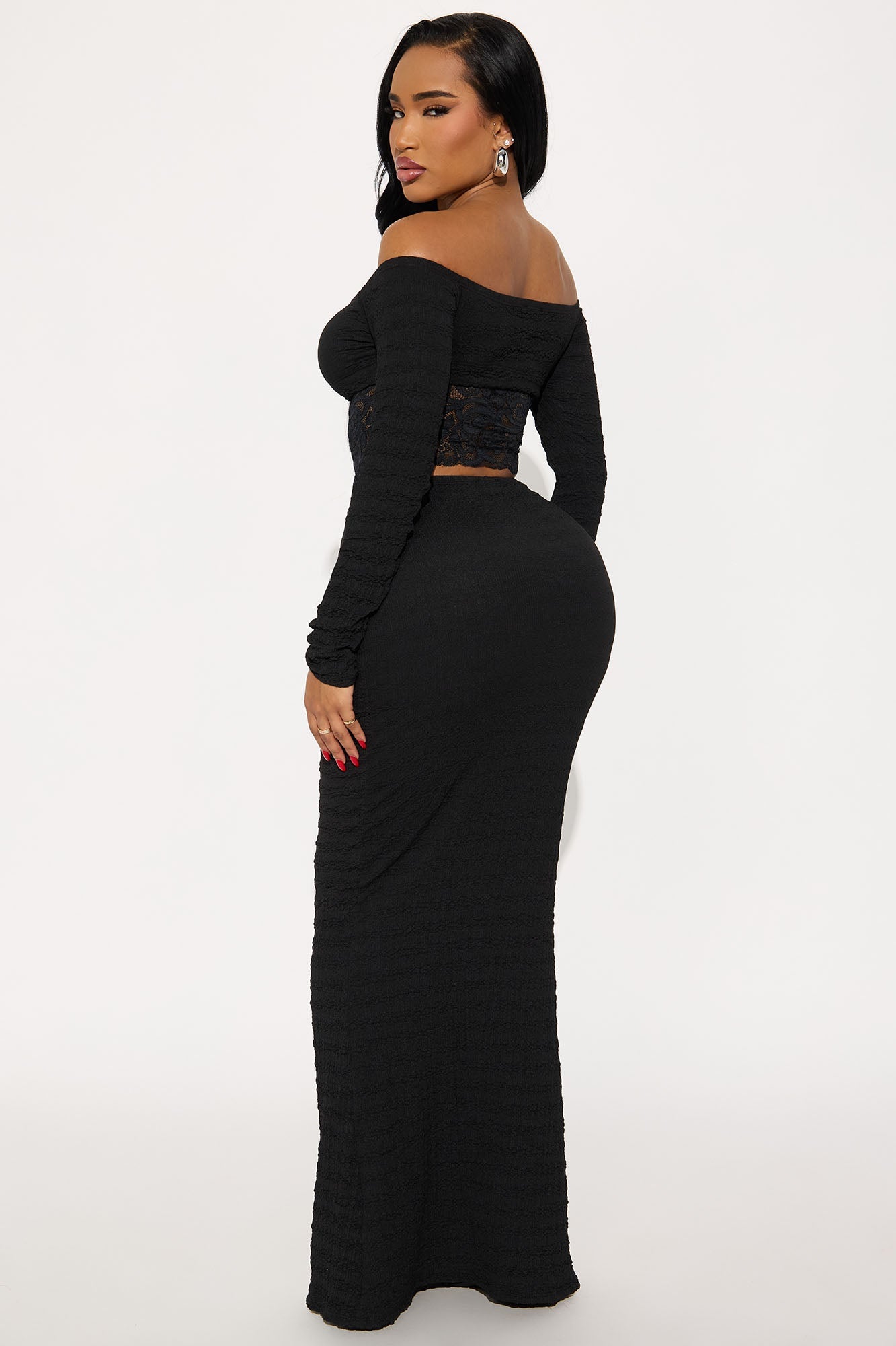 Follow Me Textured Maxi Skirt Set - Black