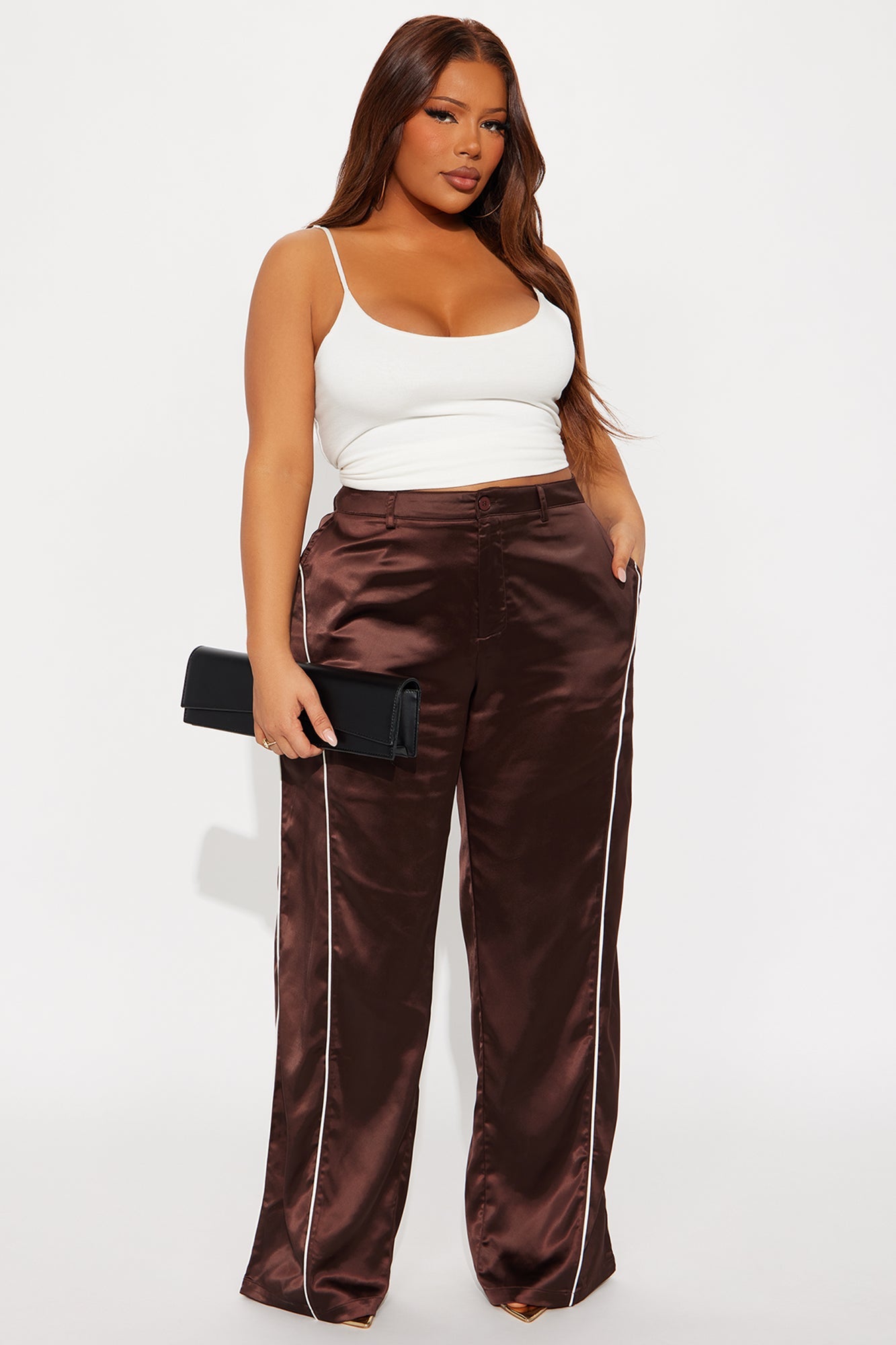 Keep Up With Me Satin Wide Leg Track Pant 33 - Chocolate/Combo