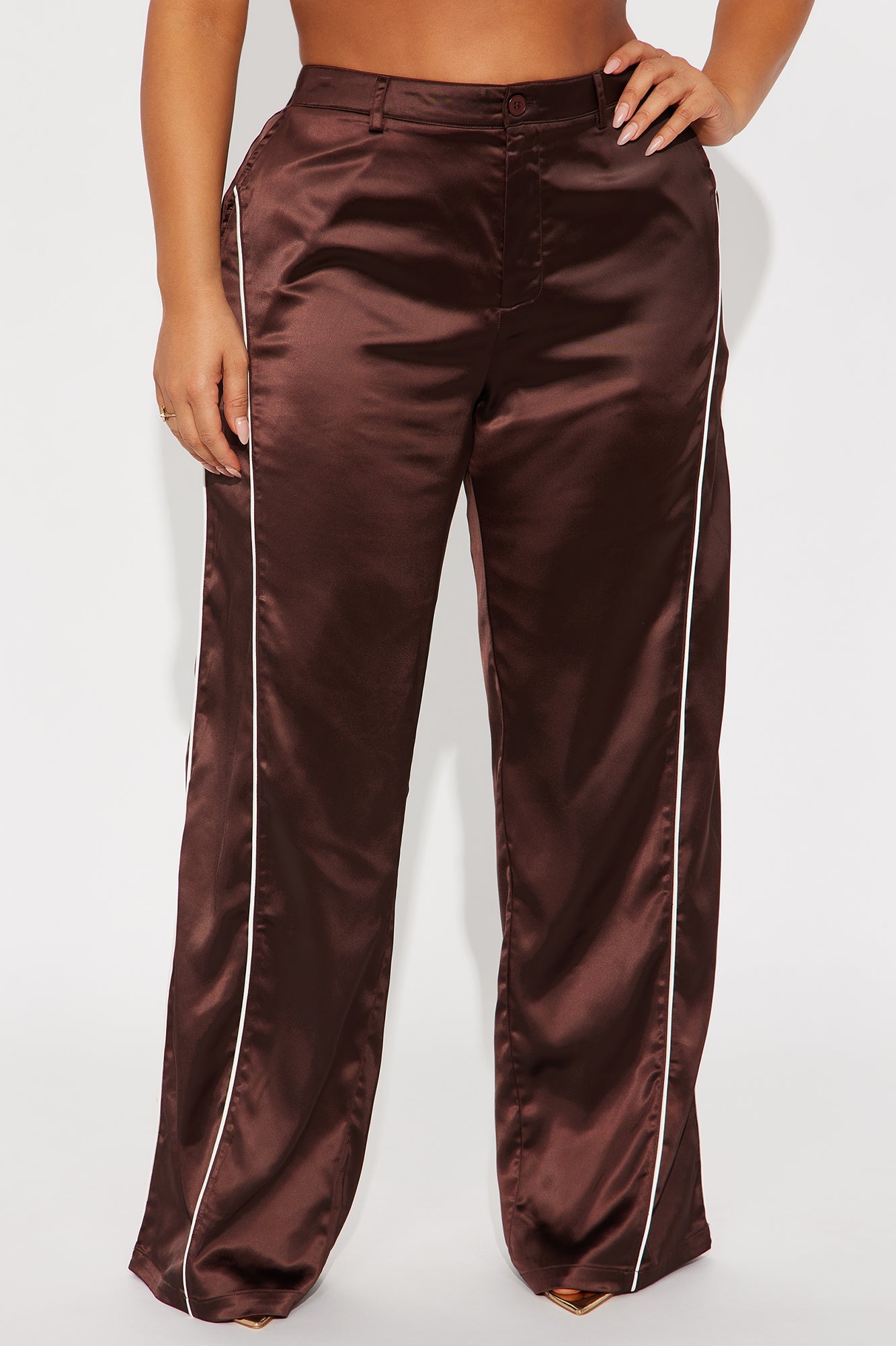 Keep Up With Me Satin Wide Leg Track Pant 33 - Chocolate/Combo