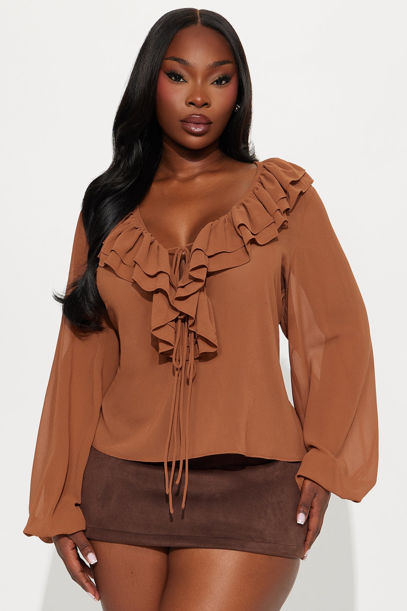 Living For This Ruffle Chiffon Blouse - Mocha