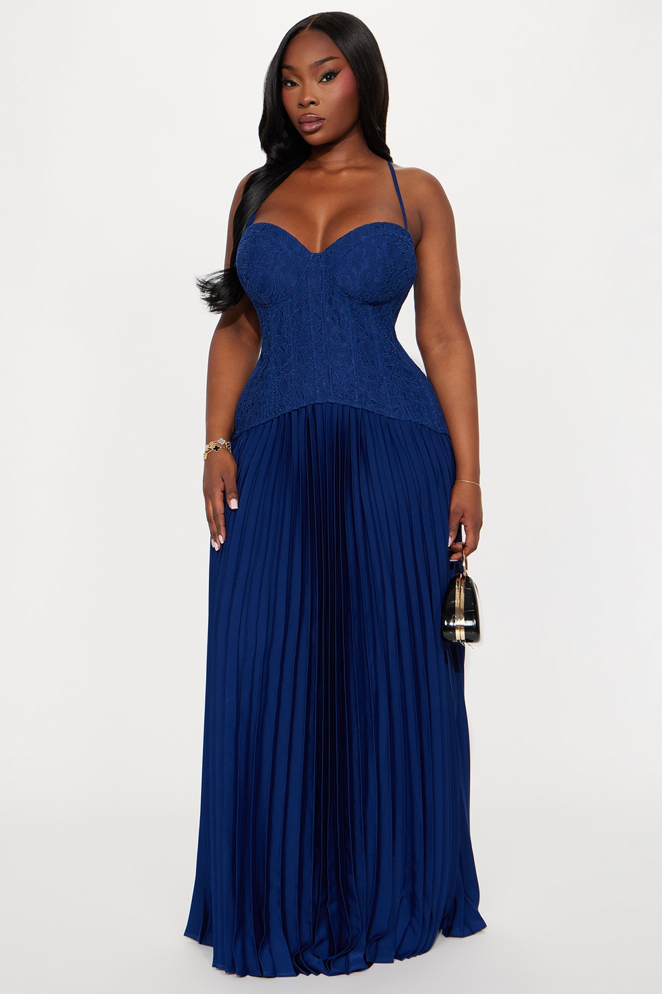 Daniella Lace Corset Pleated Maxi Dress - Navy