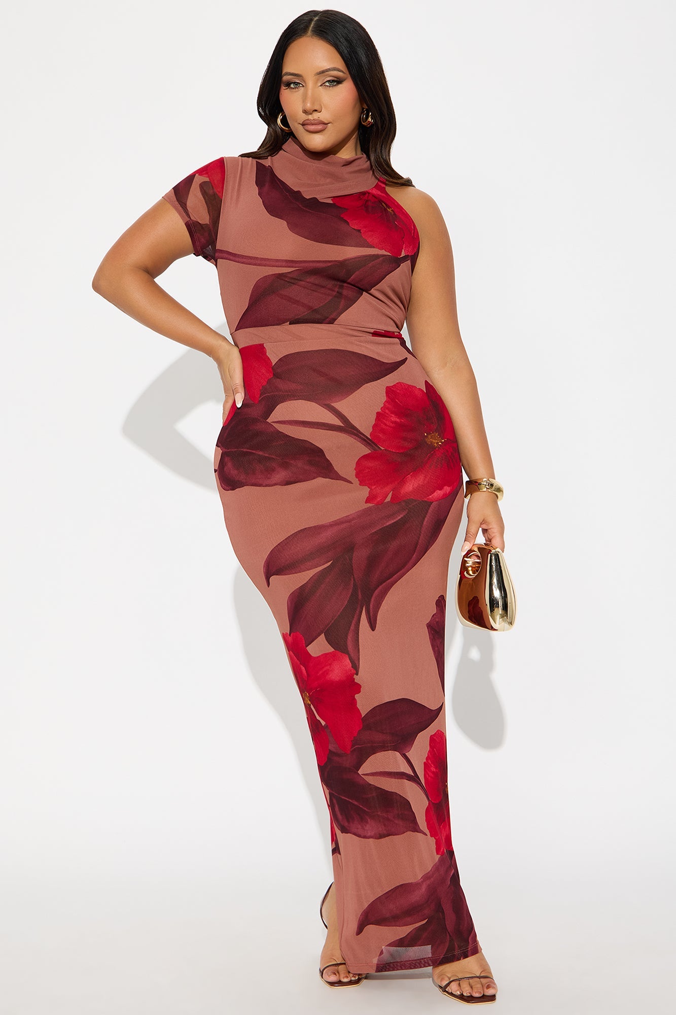Celene Floral Mesh Short Sleeve Dress - Brown/combo